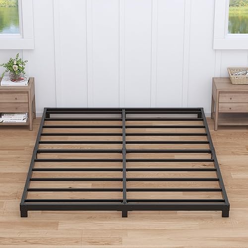 Base de cama Queen tamaño 4 pulgadas de perfil bajo, base de cama Queen no necesita somier, metal resistente, fácil montaje, negro