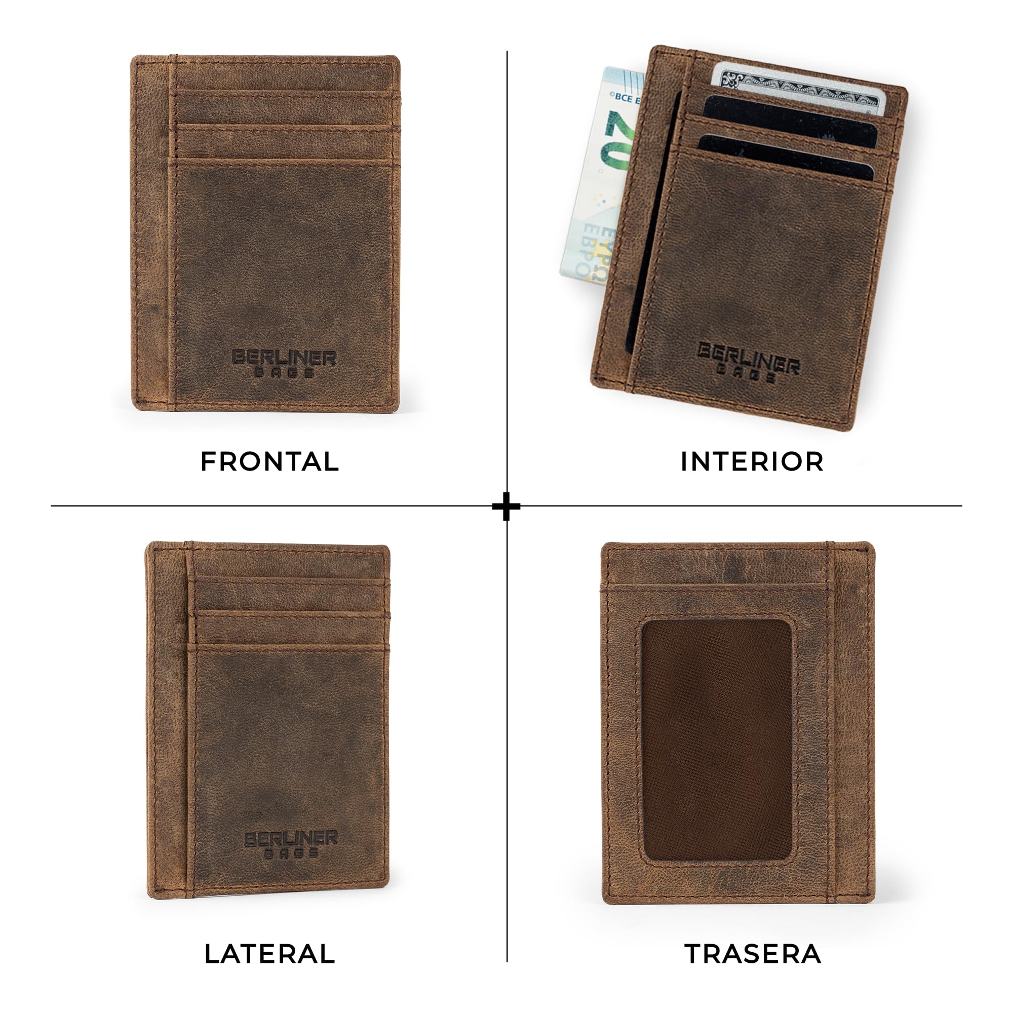 Berliner Bags Karl Tarjetero de Piel Vintage Hombre con RFID y Ventana DNI | Marrón Billetera De Cuero Slim Más De 6 Tarjetas Bolsillo Oculto Con Protección Nfc Estilo Único Elegante Práctico Y Fino