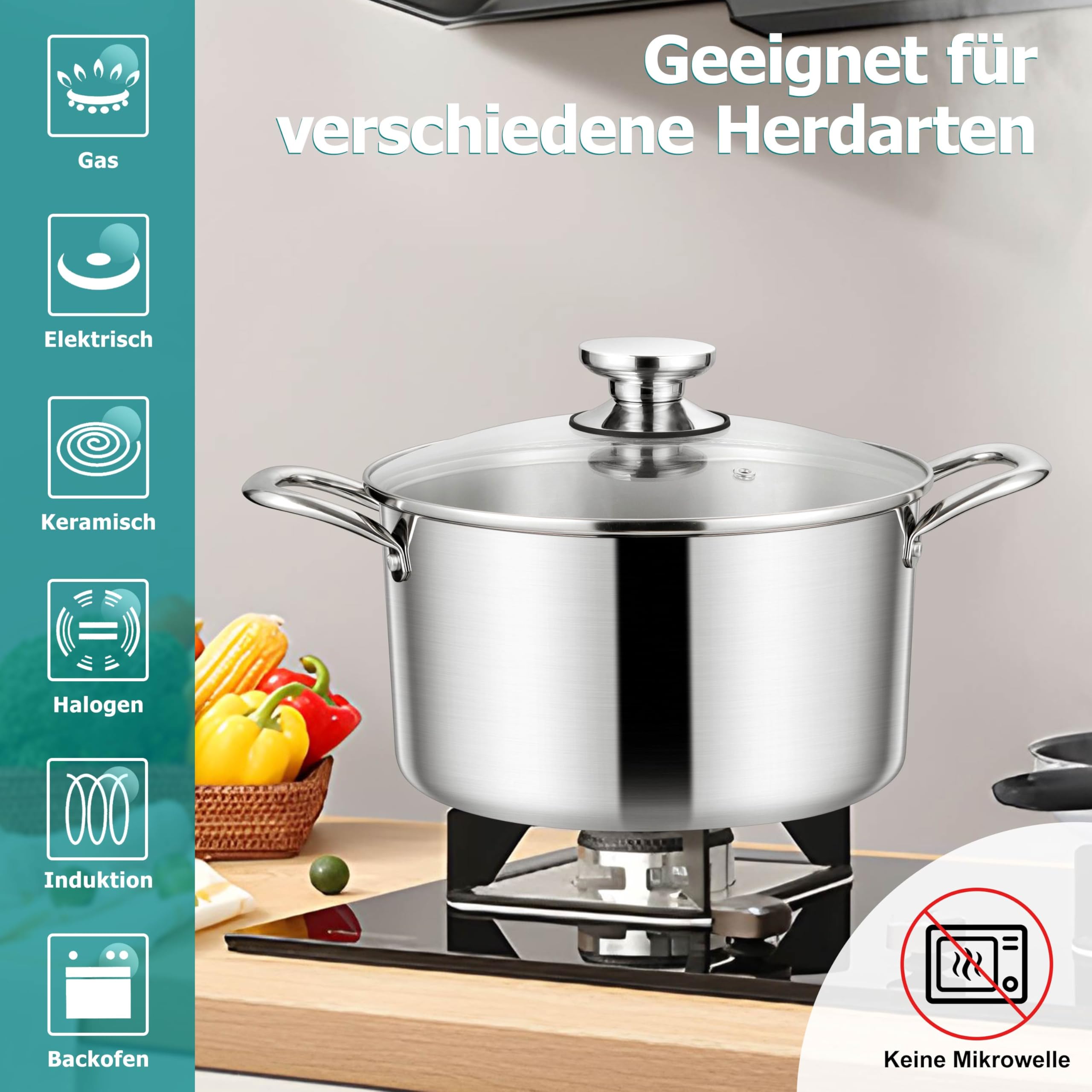 Homikit Olla de 20 cm, 3 capas de acero inoxidable con tapa de cristal, 3,3 L, para todo tipo de cocinas, acero inoxidable pulido y sin revestimiento, saludable, apta para lavavajillas