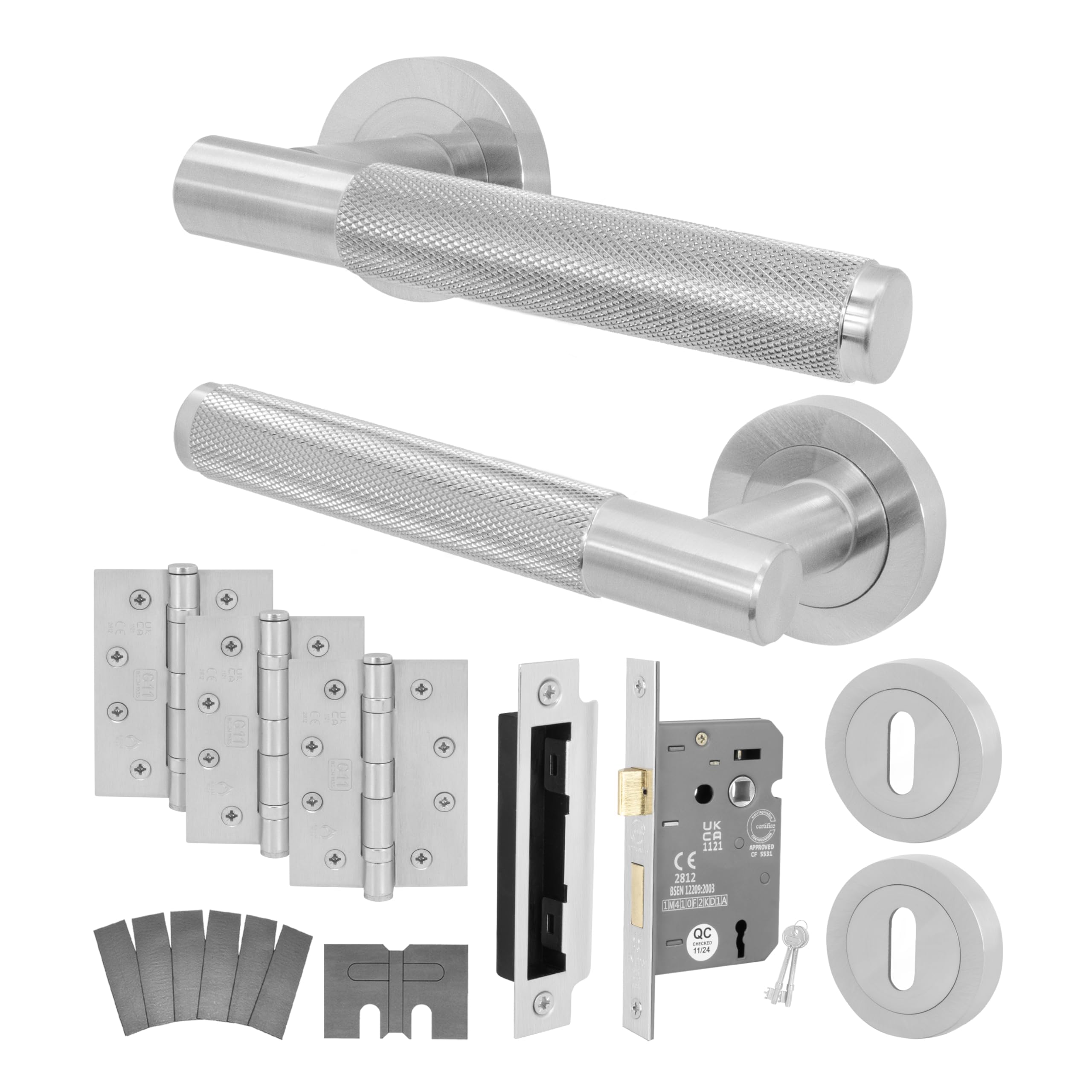 Eai Satin Nickel Satin Fire Door Handle Key Lock Set, Internal Fire Rated Door Handle With 80Mm Lock And 102Mm Hinges, Varri Range 1 Pack