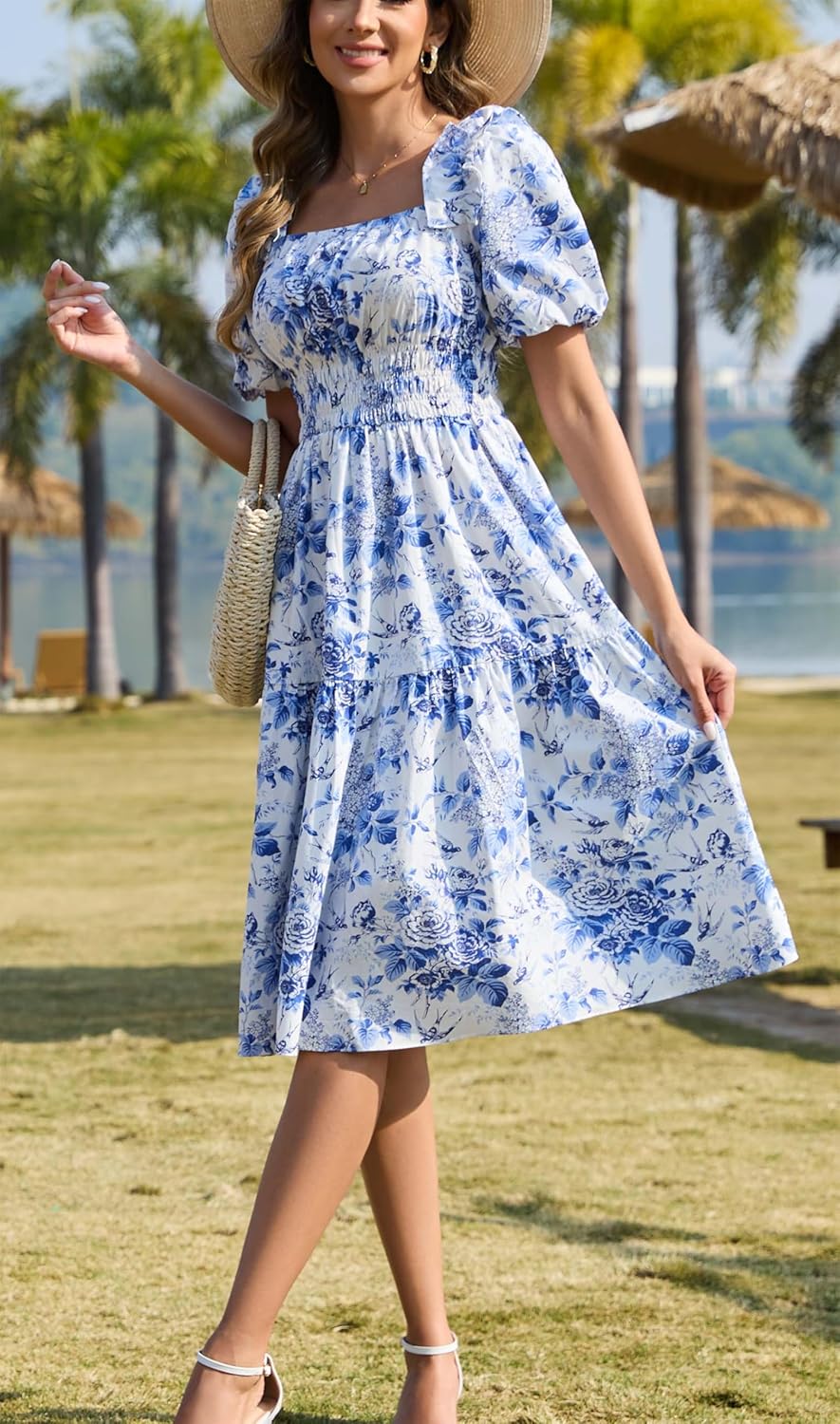 Kormei Women's Square Neck Summer Boho Floral Puff Sleeve A-line Tiered Flowy Casual Midi Dress Smocked Dresses - Image 3