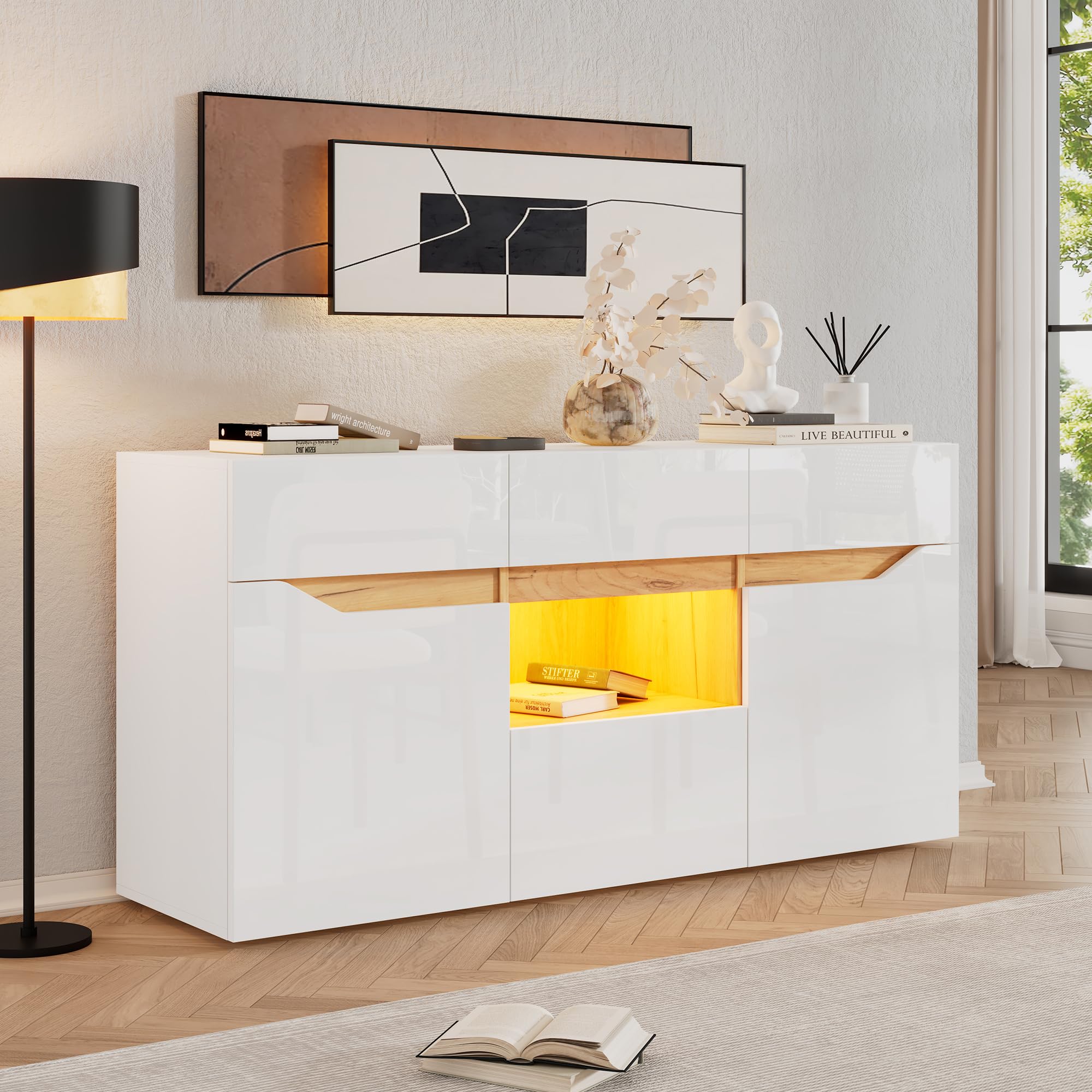 Merax Aparador blanco brillante moderno con iluminación LED, armario de cocina, armario buffet con 2 puertas, 4 cajones, armario multiusos para comedor, salón, cocina