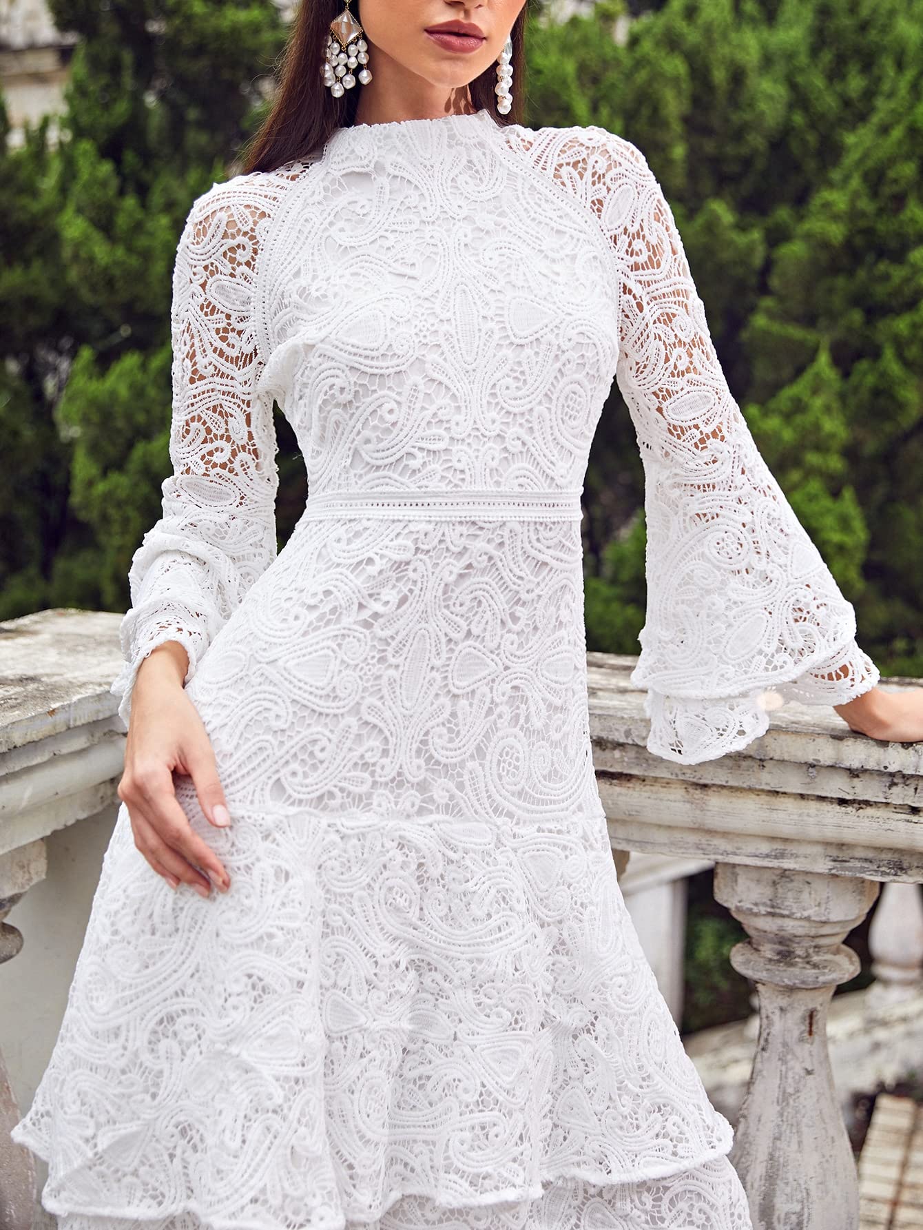 Amazon.com: Women's Dresses Bell Sleeve Layered Ruffle Hem Guipure Lace Dress  Dress for Women (Color : White, Size : X-Small) : Clothing, Shoes & Jewelry
