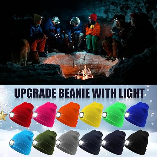 Miniatura 5 de Ramede 24 gorros unisex con guantes de invierno ligeros, modo flash, faro recargable por USB, 4 LED, sombrero de punto, regalo divertido para papá,