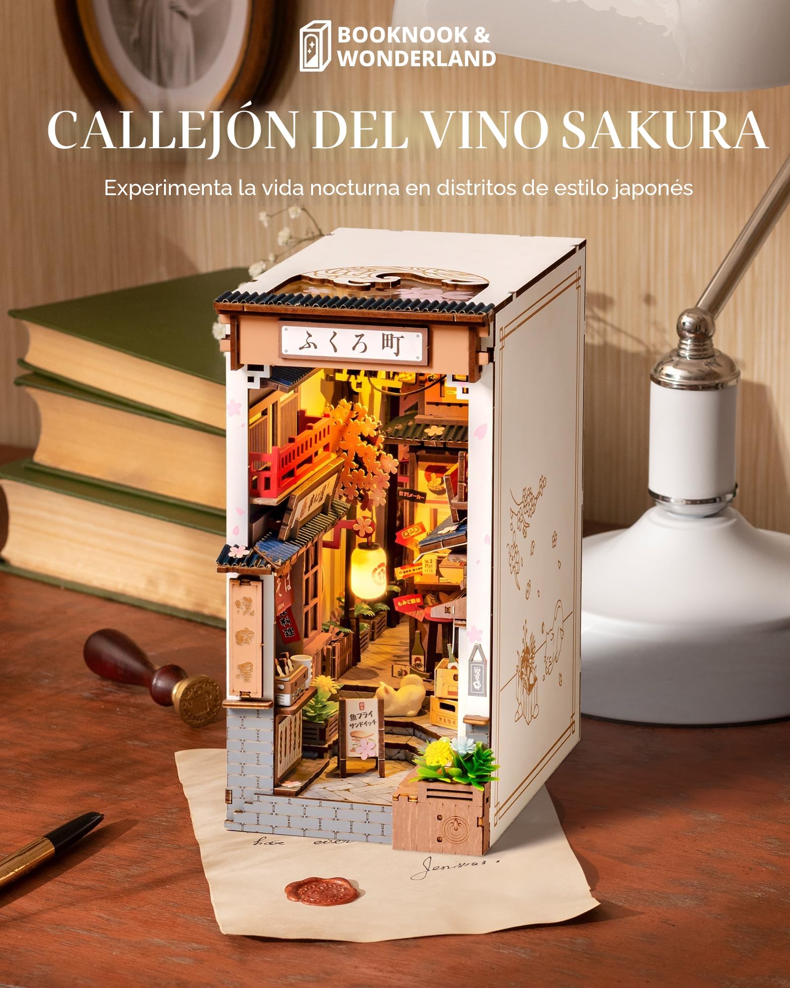 ROBOTIME Book Nook Booknook Japan con Luces LED Casas de Muñecas de Madera, Booknok Decoración del Hogar, Nookbook Regalos para Adultos Niños Mujeres(Sakura Wine Alley)