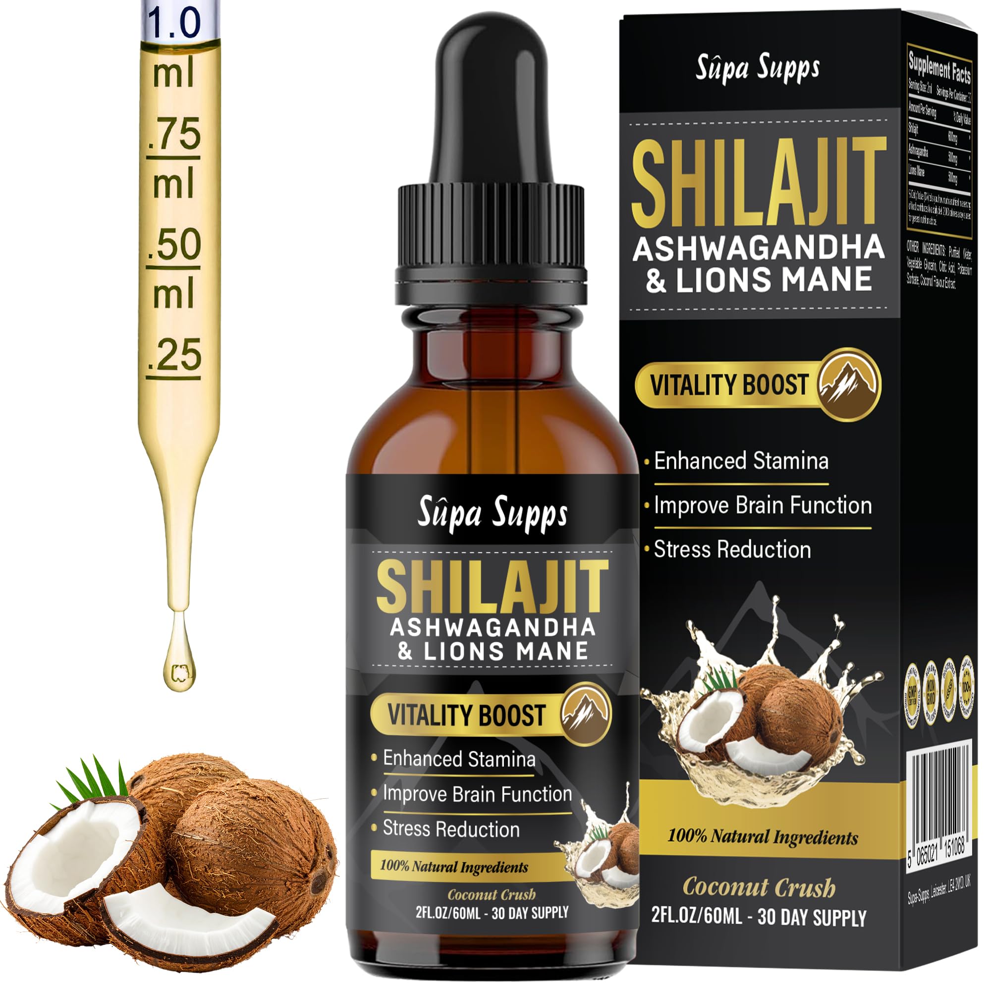 Shilajit, Ashwagandha & Lions Mane Liquid Drops - 60ml Coconut Flavour - Natural Adaptogenic Supplement for Energy, Focus & Vitality - Plant-Based Complex for Men - Pack of 1