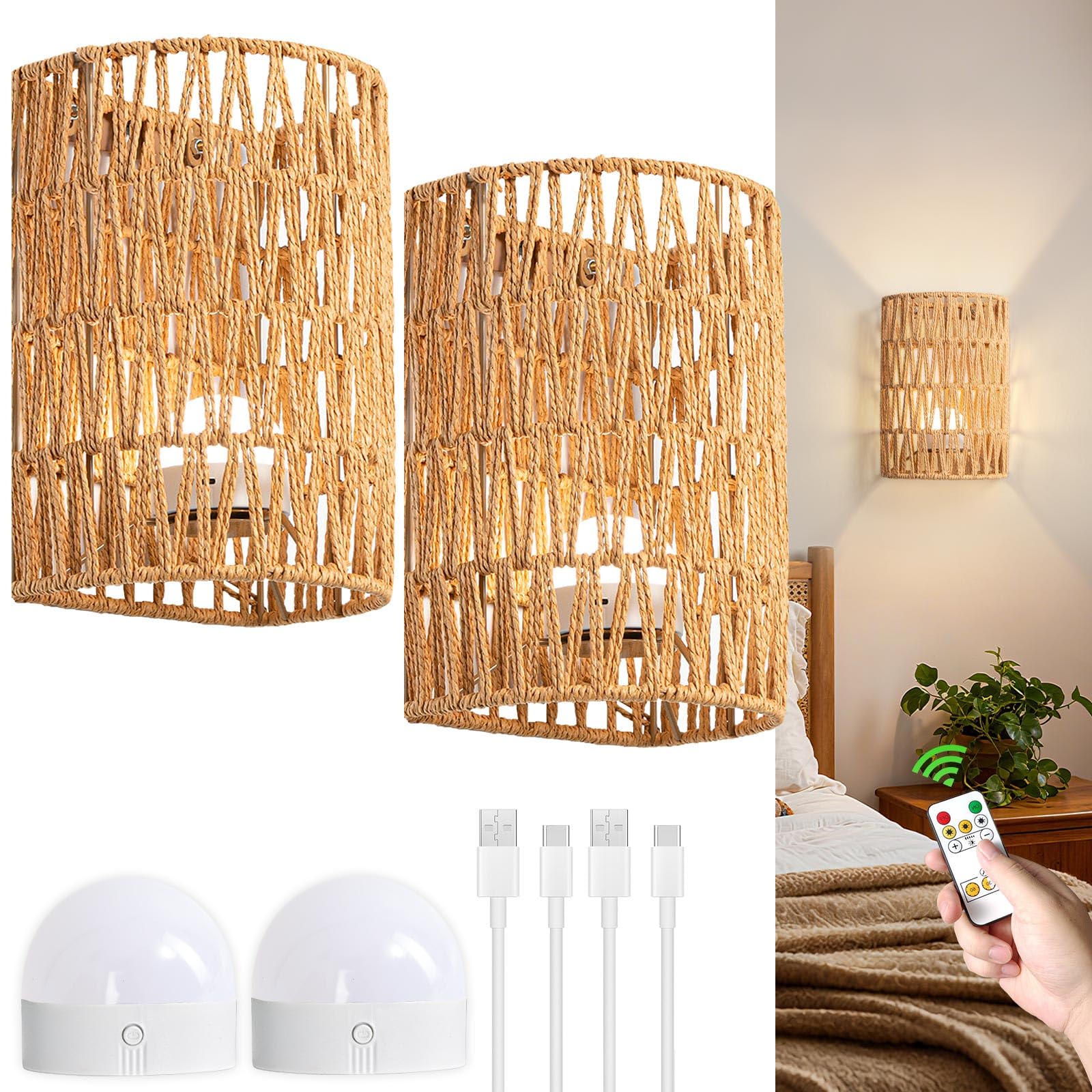Battery Wall Sconces Set of 2, Rattan Rechargeable Wall Sconce, Boho Wireless Wall Lamp with Remote, Battery Operated Sconces for Bedrooms, Hallway, Living Room