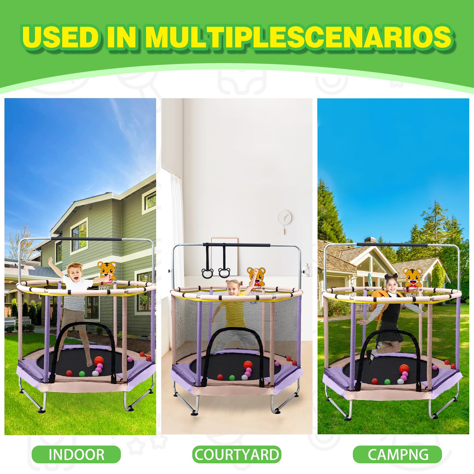 Trampolín para niños, 5 pies ajustable para niños pequeños, trampolín de bebé para interiores y exteriores con red de cierre, diseño seguro sin huecos, regalos para niños y niñas