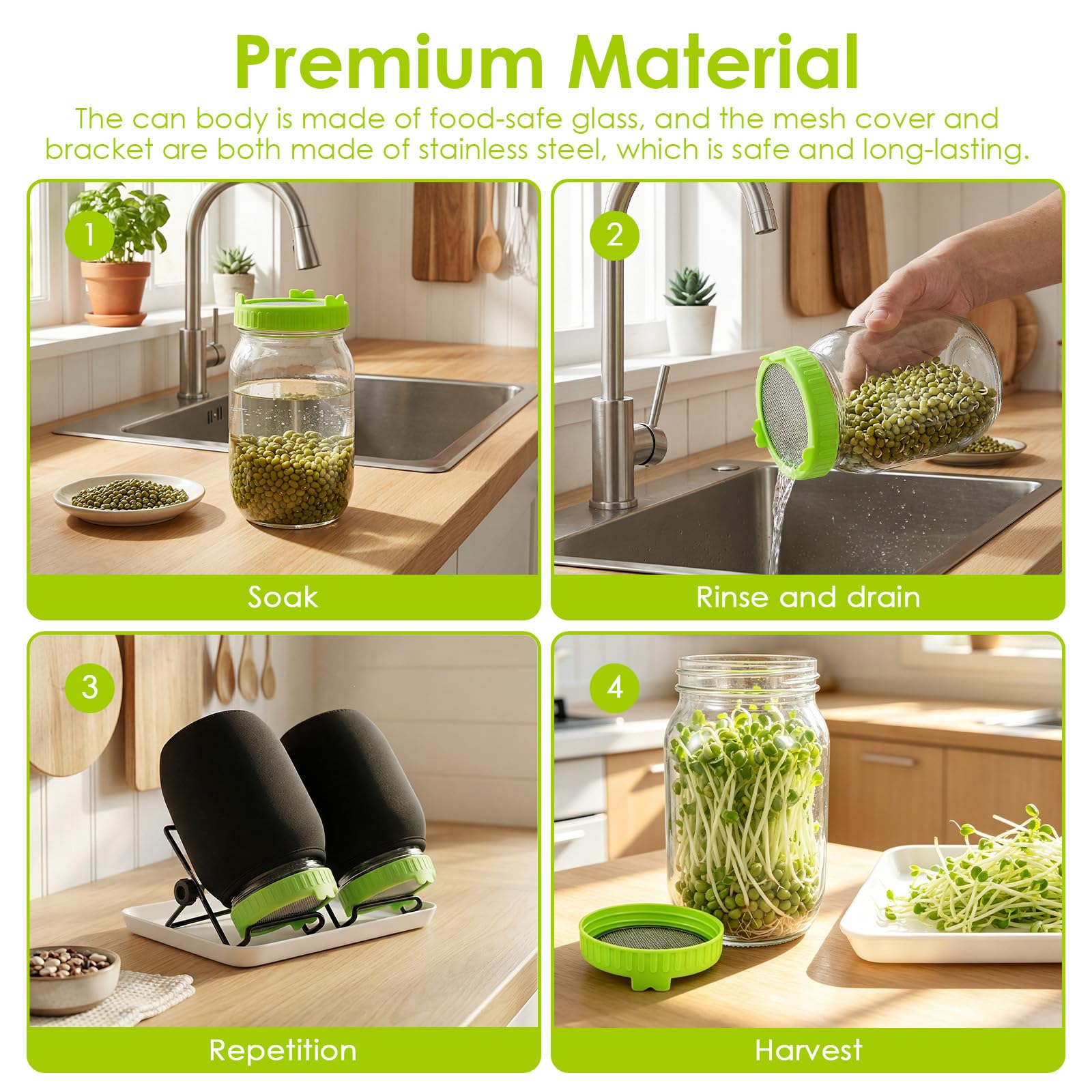 Kit completo de germinación en frascos (2) - Kit de cultivo de brotes de vidrio con tapa de acero inoxidable, soporte de goteo para brotes de brócoli, frijol mungo y alfalfa