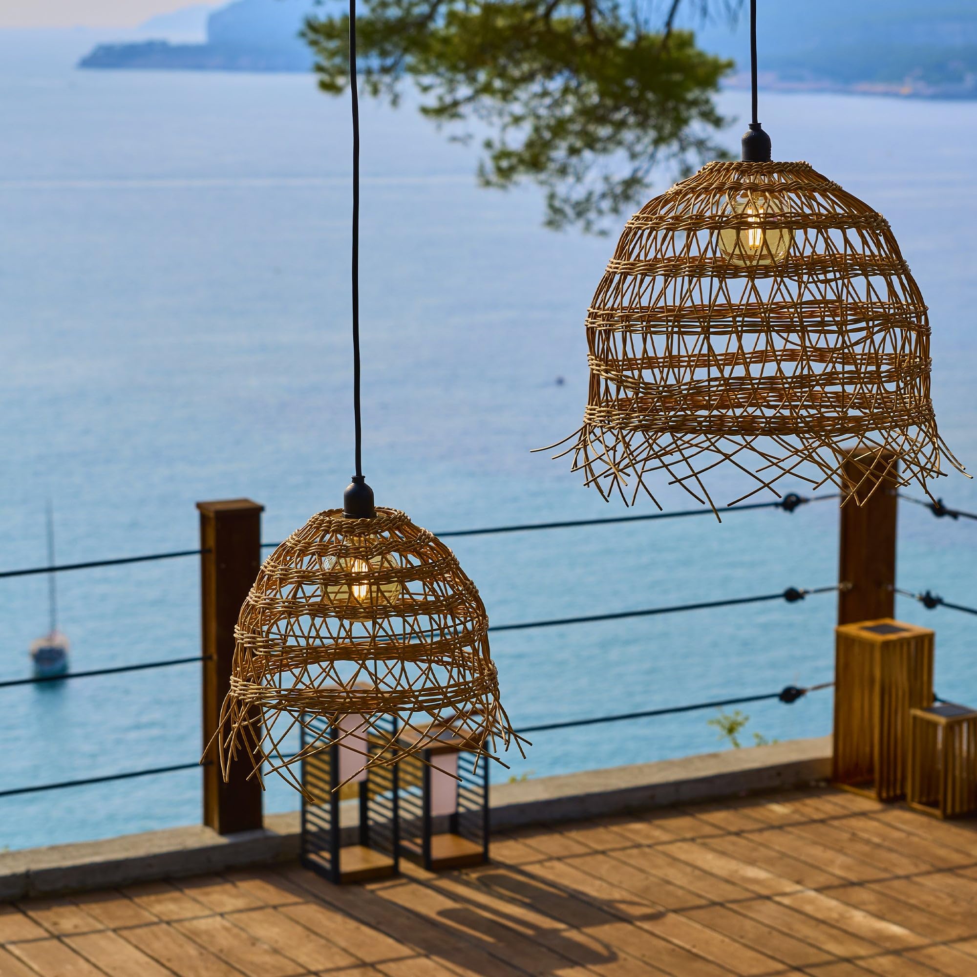 Lumisky Lot de 2 suspensions sur secteur pour l'extérieur 2X HAWAII LONG OUTDOOR CABLE en poly rotin style bohème 5m de longueur de câble