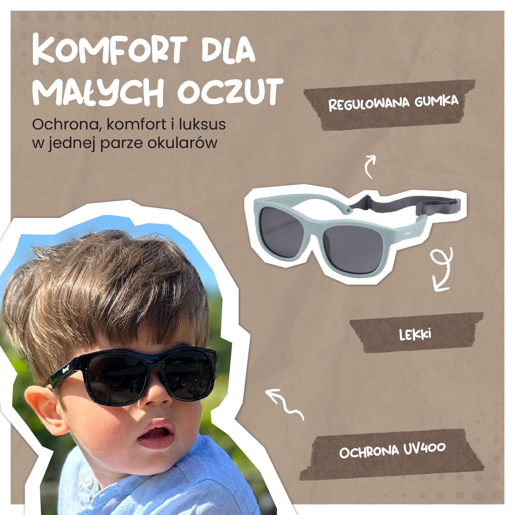dziecięce okulary przeciwsłoneczne Luca - 1-3 lata - elastyczne - regulowana gumka - ochrona polaryzacyjna UV400 - maluch i przedszkolak - chłopcy i dziewczynki - kwadratowe