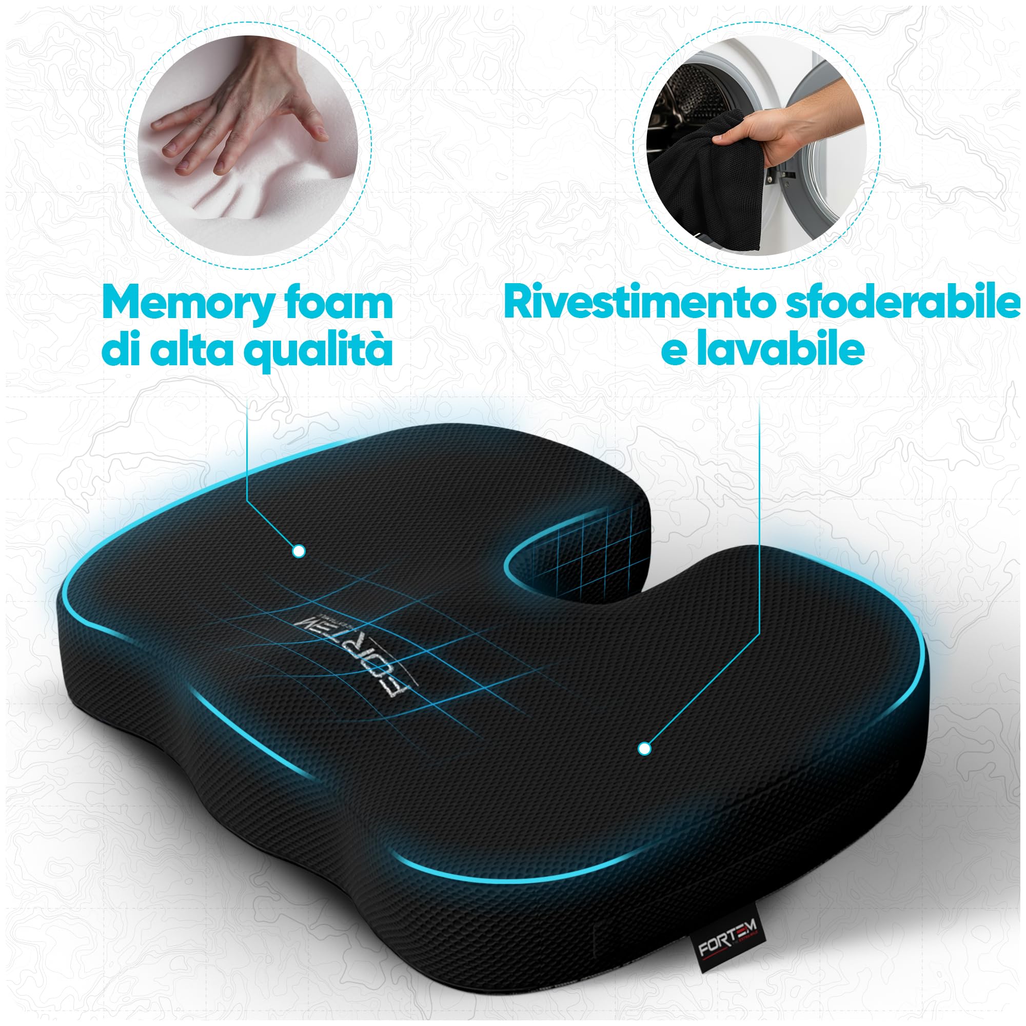 FORTEM Cuscino Sedia Ufficio, Cuscino Memory Foam per Seduta, Sedia Gaming, Poltrona, Supporto Ergonomico, Fodera Traspirante e Lavabile, Base Antiscivolo, Forma a U, per Casa, Lavoro e Viaggi