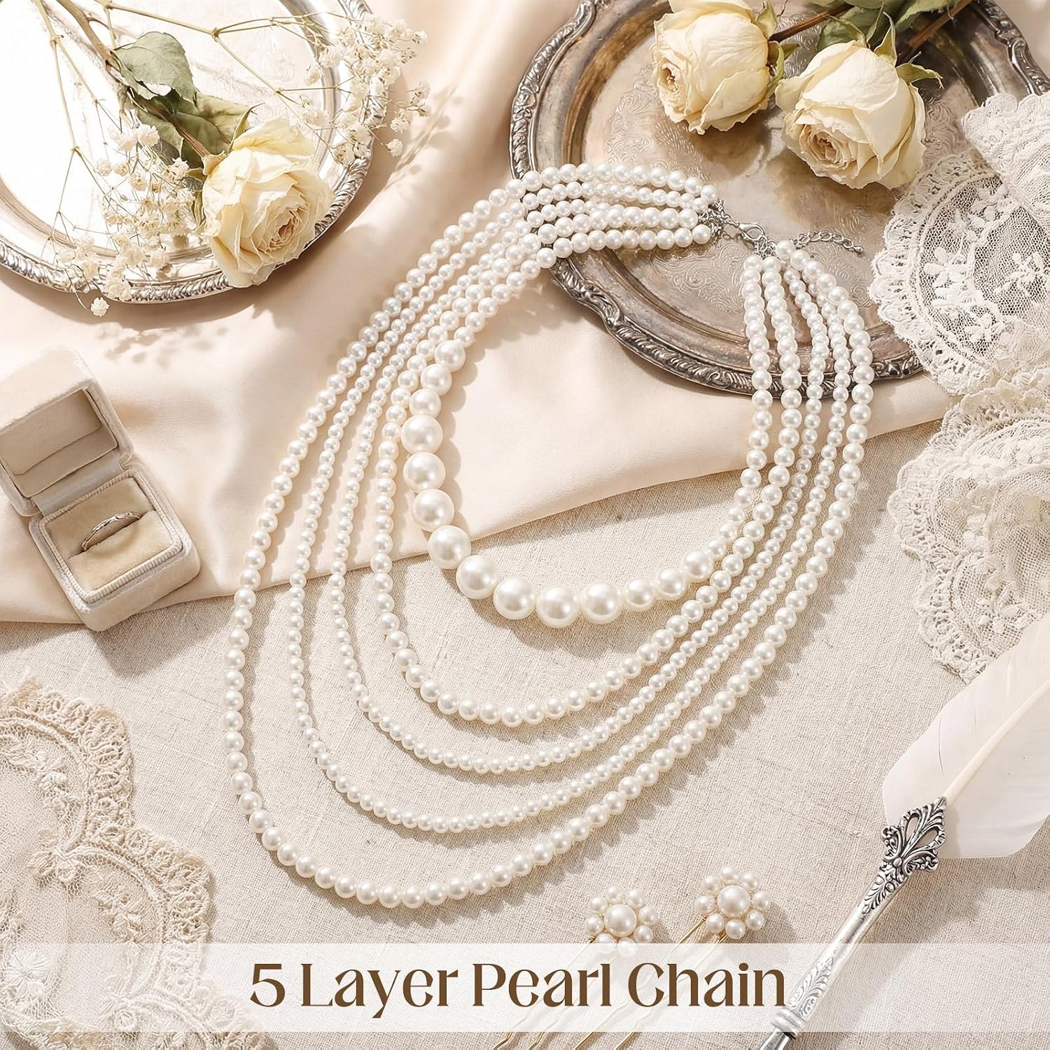 Aurelema Multilayer Long Pearl Necklaces for Women Adult Faux Pearl Tassel Strand Layered Beaded Choker Jewelry for Costume Evening Party Daily Wear