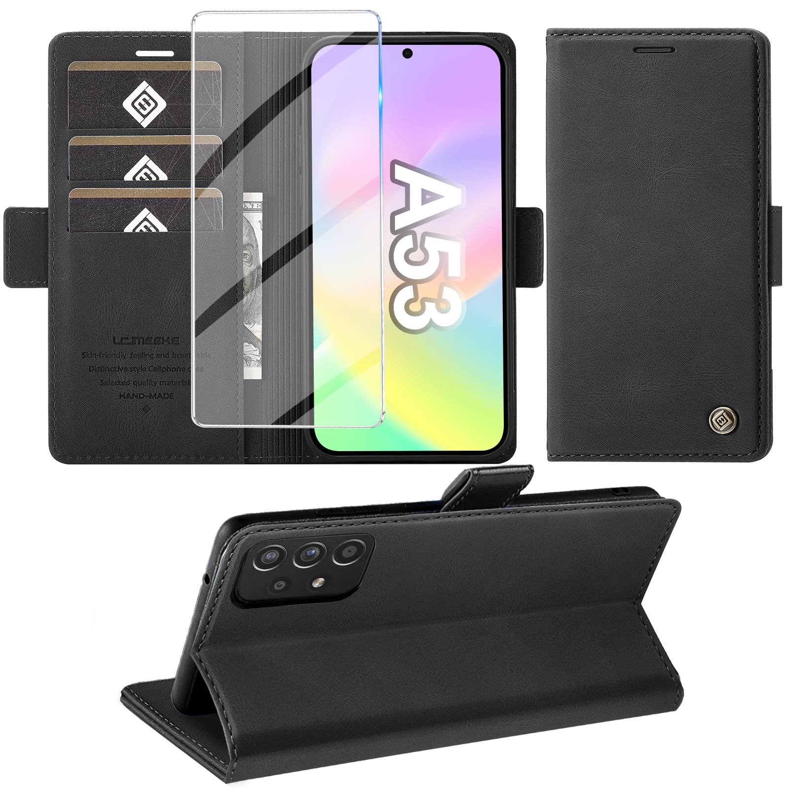 Giyer Cover per Samsung Galaxy A53 5G Custodia con Vetro Temperato, Premium PU Portafoglio Slot per Scheda RFID Antifurto Funzione Supporto Flip Case, Antiurto per Samsung A53 5G Cover (Nero)