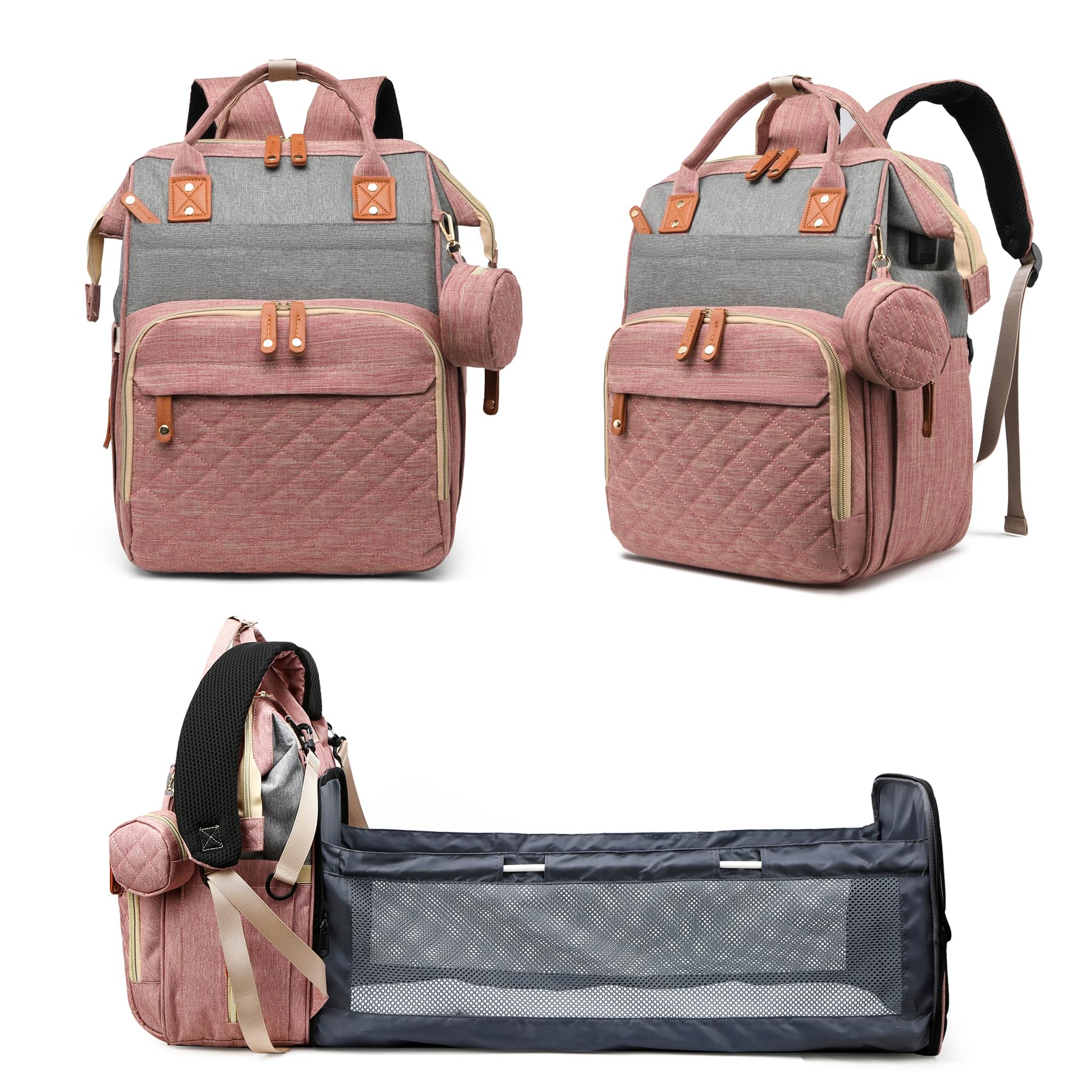Fexkean Wickeltasche Rucksack Baby Wickelrucksäcke mit Großer Kapazität Tragbare Reisewindeltasche mit faltbarem Kinderbett mit Multifunktions Babytaschen und mobiler Wickelauflage Babybettrucksack