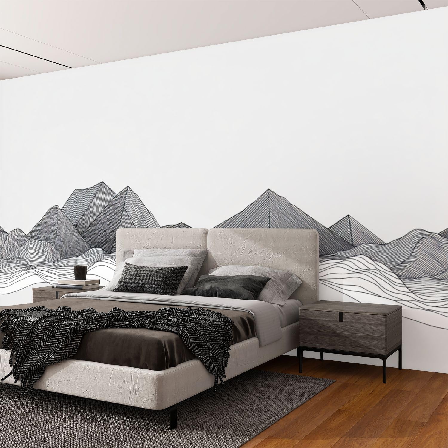 Wall Mural Peel & Stick Black White Mountain line Arts Luxury Landscape Design for Cover Self-Adhesive Wallpaper Removable Wall Decal Wall Sticker Home Decor for Living Room Bedroom 100"x144"
