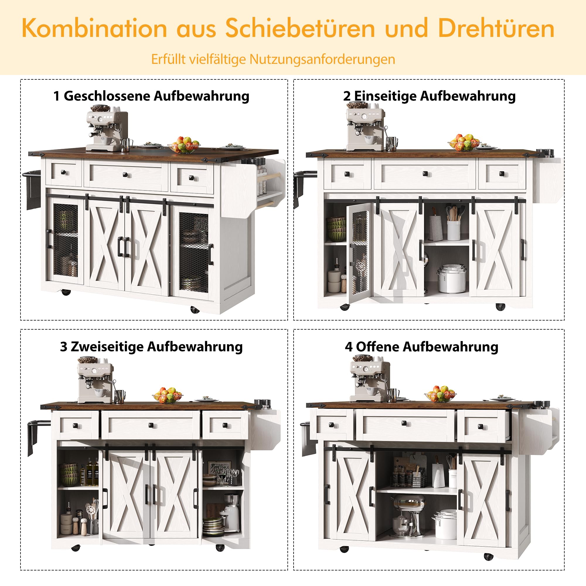 Küchenwagen, Kücheninsel mit Klappbarer Arbeitsplatte, Speisewagen Küchenschrank mit Rollen & Verstellbaren Einlegeböden, Buffetschrank mit Schubladen & Schiebetüren, Weiß, 120.2x45.3x91.5cm