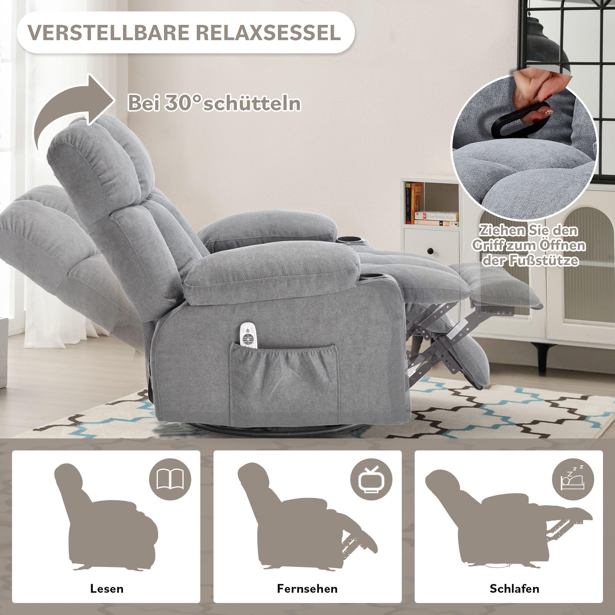 Bosmiller Elektrisch Relaxsessel mit Liegefunktion, Fernsehsessel mit Wärmefunktion, 2 Seitentaschen Getränkehalter, Aus Stoff TV-Sessel mit 360°-Drehung für Wohnzimmer,Grau