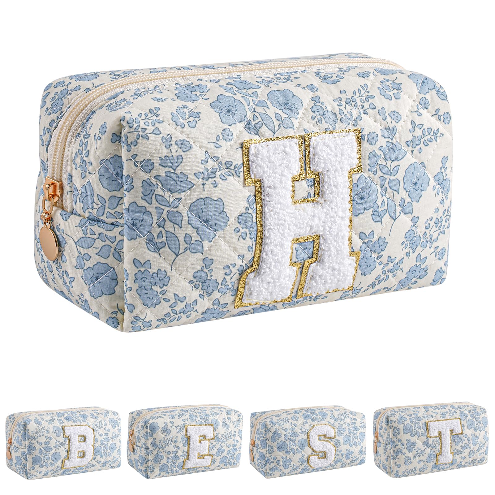 JOVAKIT Alphabet Makeup Bag Cosmetic Bag for Women, Christmas Gifts for Girls Age 6-18, Floral Flowers Coquette Travel Toiletry Zipper Make Up Pouch