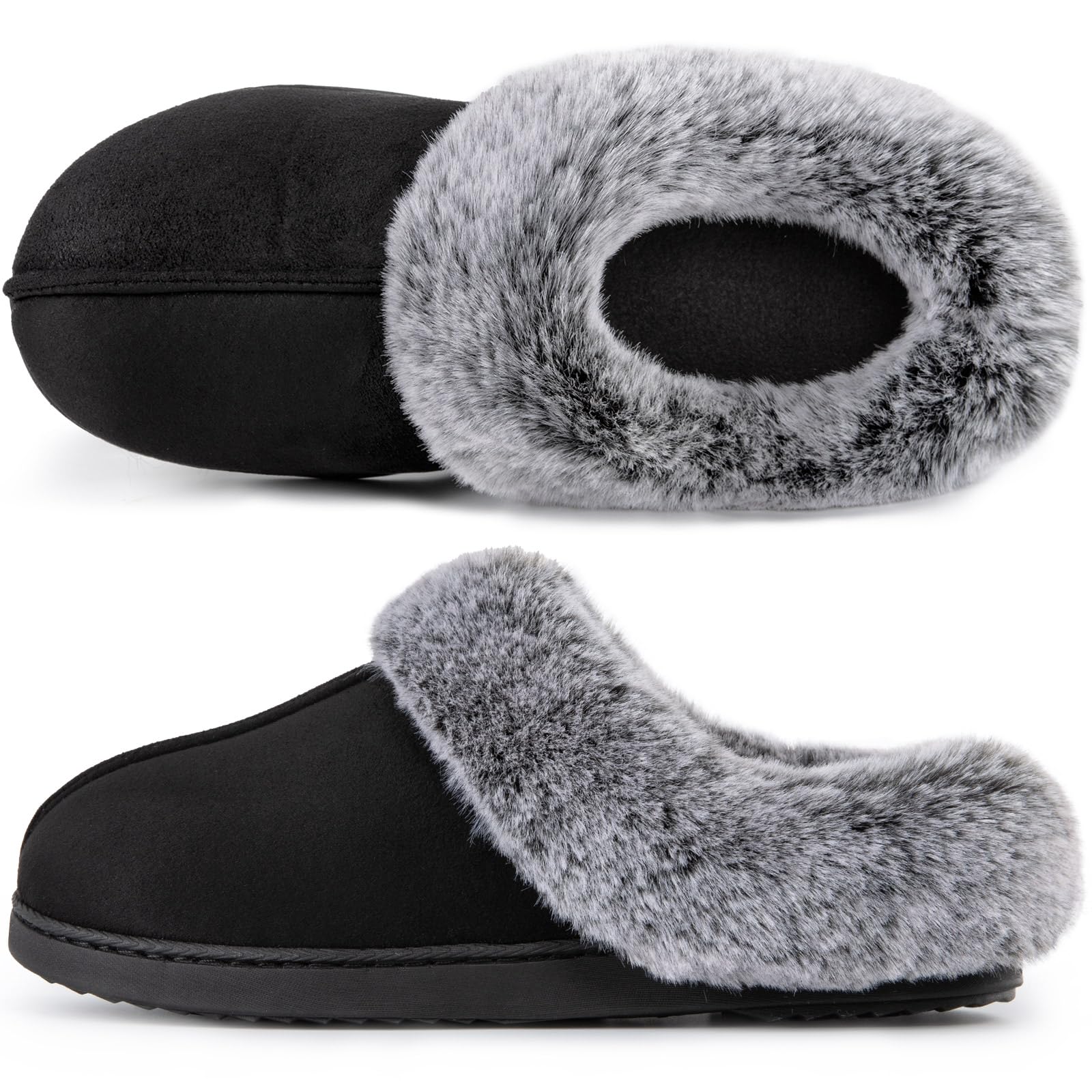 VeraCosyWomen's Classic Suede Memory Foam Slippers Anti-Skid Scuff with Warm Faux Fur Collar