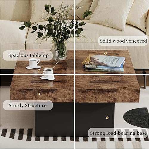 Miniatura 6 de Mesa de centro cuadrada, mesas centrales de madera con aspecto de madera con base gruesa, mesa central para sala de estar