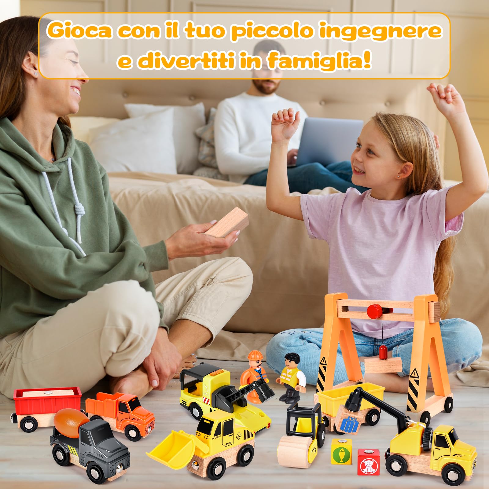 Buzzoxerex Veicolo da Cantiere in Legno per Bambini, Magnetico Veicoli Gru Giocattolo con Gru a Cavalletto, Rullo compressore, Carro Attrezzi, Veicoli da Costruzione Regalo Bimbo dai 3 anni