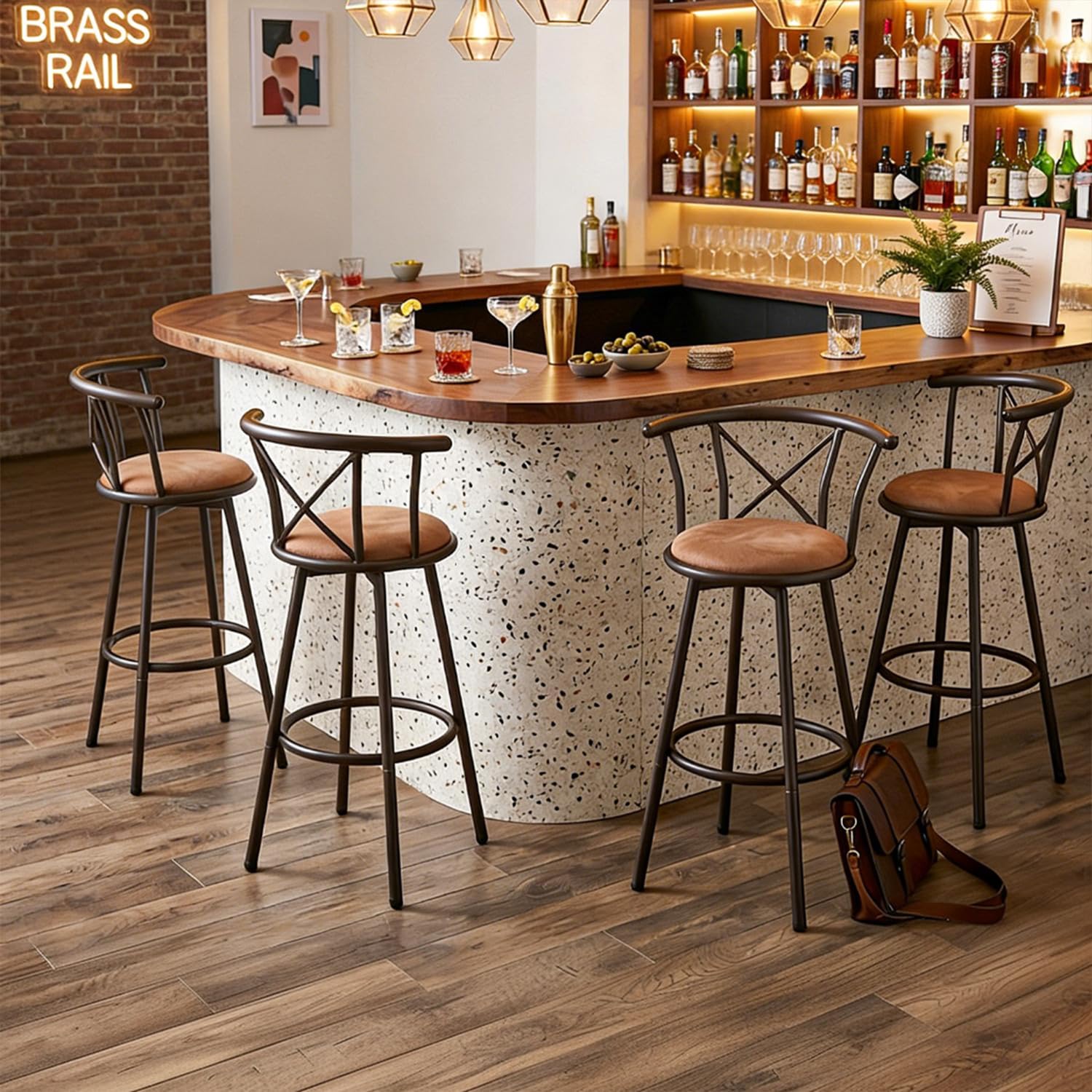 Meuble Cosy Lot de 4 Tabourets de Bar Chaises Vintage pivotant sur 360° avec Dossier et Repose-Pieds Siège de 75,5 cm de Haut Style Industriel Marron 40x56,5x99,5cm Hailey 29 4PCS