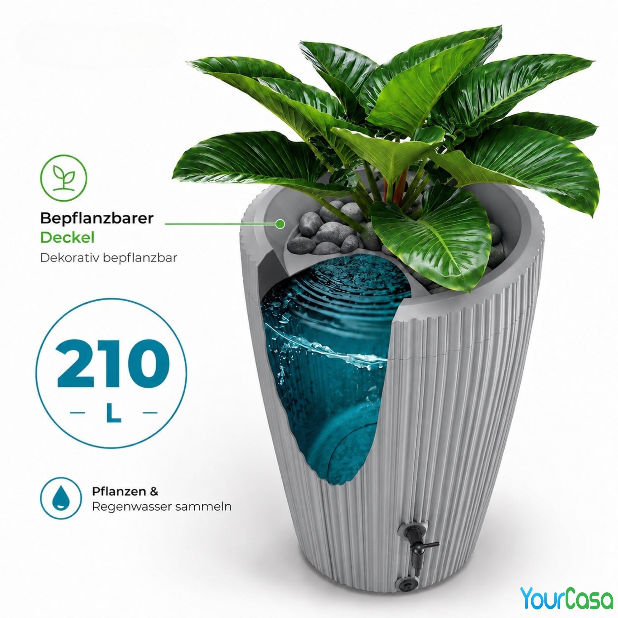 YourCasa EcoVase - Barril de lluvia (210 L, con grifo, para plantas, plástico, resistente a las heladas, depósito de agua de lluvia, para jardín, colector de lluvia, color gris)