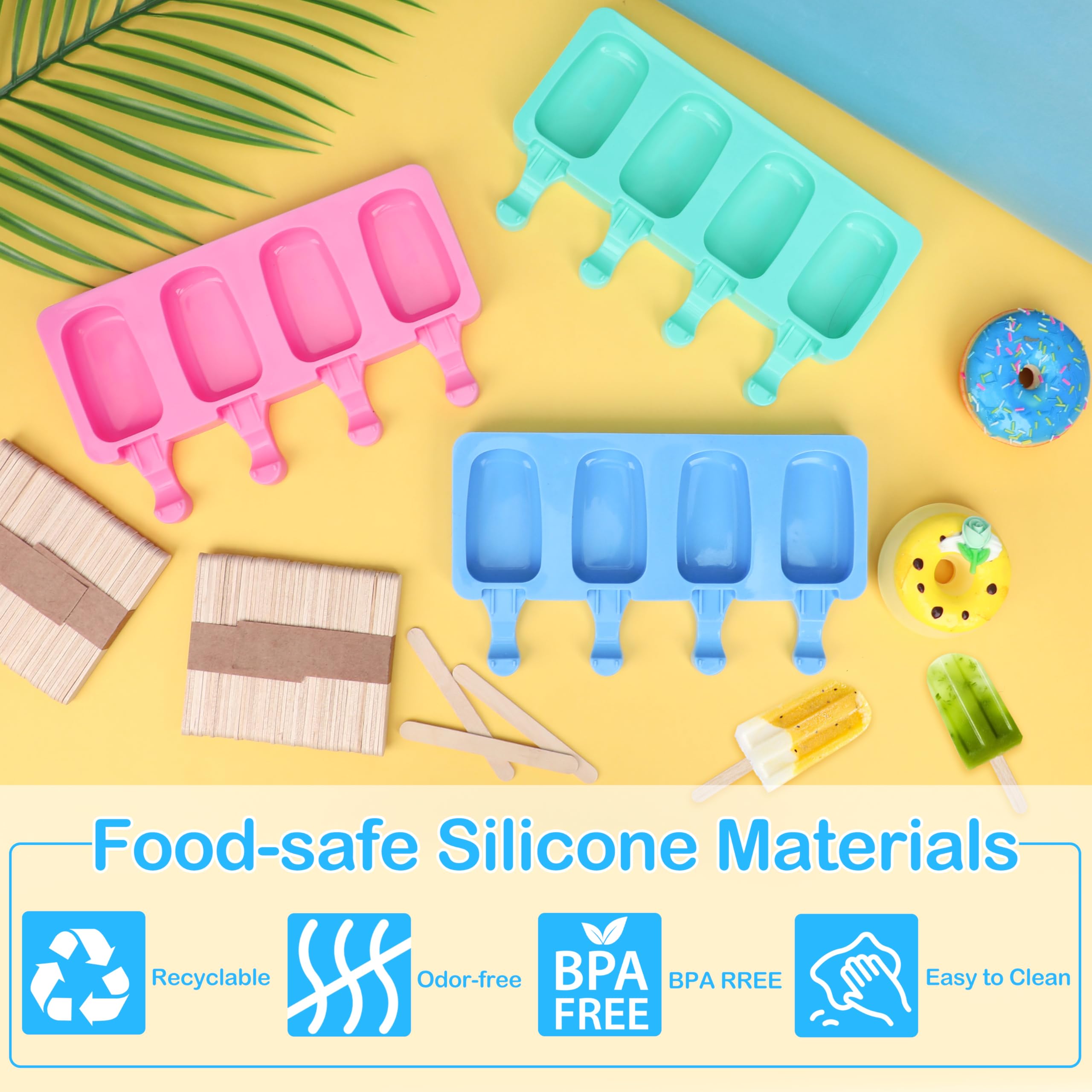 Silikonform für Eis am Stiel, 4 Mulden, ovale Cake-Pops-Form mit 150 Holzstäbchen für selbstgemachte Eiscreme, Eis, Kuchen, Rosa, Blau, Grün, 3 Stück