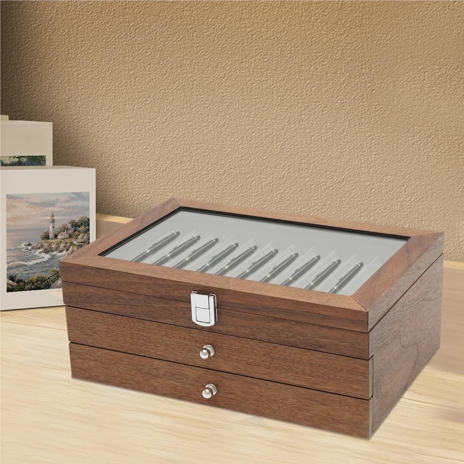 Espositore in legno a 3 livelli for 34 penne stilografiche, con scomparti, for cancelleria, espositore for Per Ufficio Casa