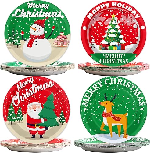 48 platos de papel desechables para fiestas de Navidad, muñeco de nieve, Papá Noel, platos de postre para fiestas temáticas de Navidad, decoraciones