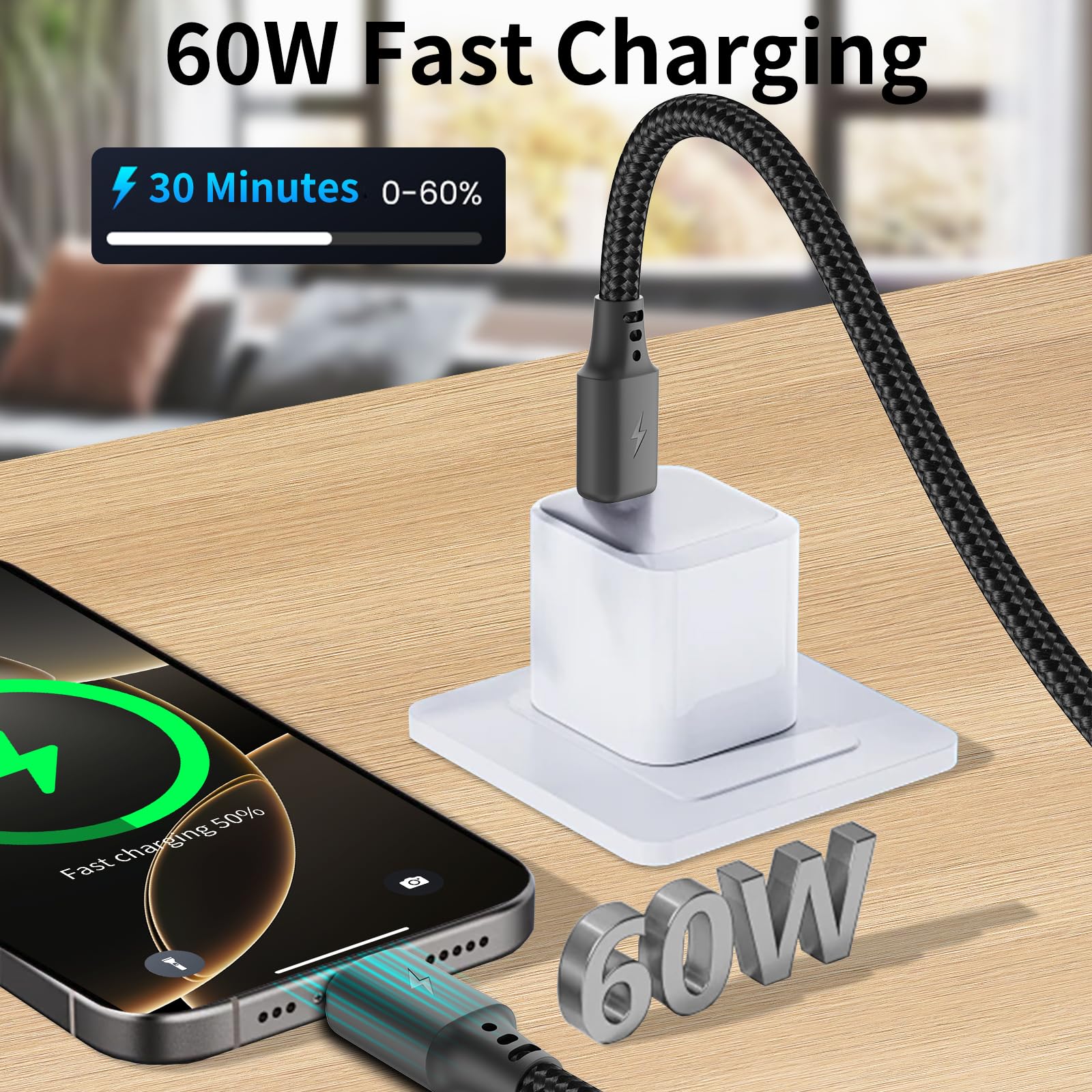 Kurzes USB-C-auf-USB-C-Kabel, 45,7 cm, 3 Stück, USB-C-Kabel, kurz, 60 W (3 A), PD-Schnellladekabel, Nylon, geflochten, USB-C auf Typ-C-Kabel, 45,7 cm, für iPhone 16, 15 Pro Max, Samsung Galaxy S234
