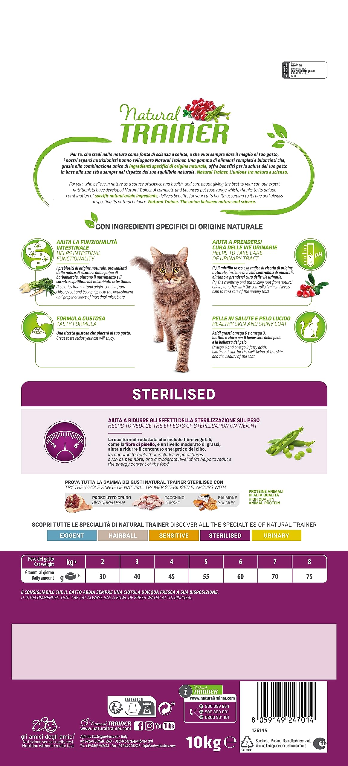 Trainer Natural Sterilised Adult con Prosciutto Crudo e Fibra di Pisello 10 Kg, 10000 Gr