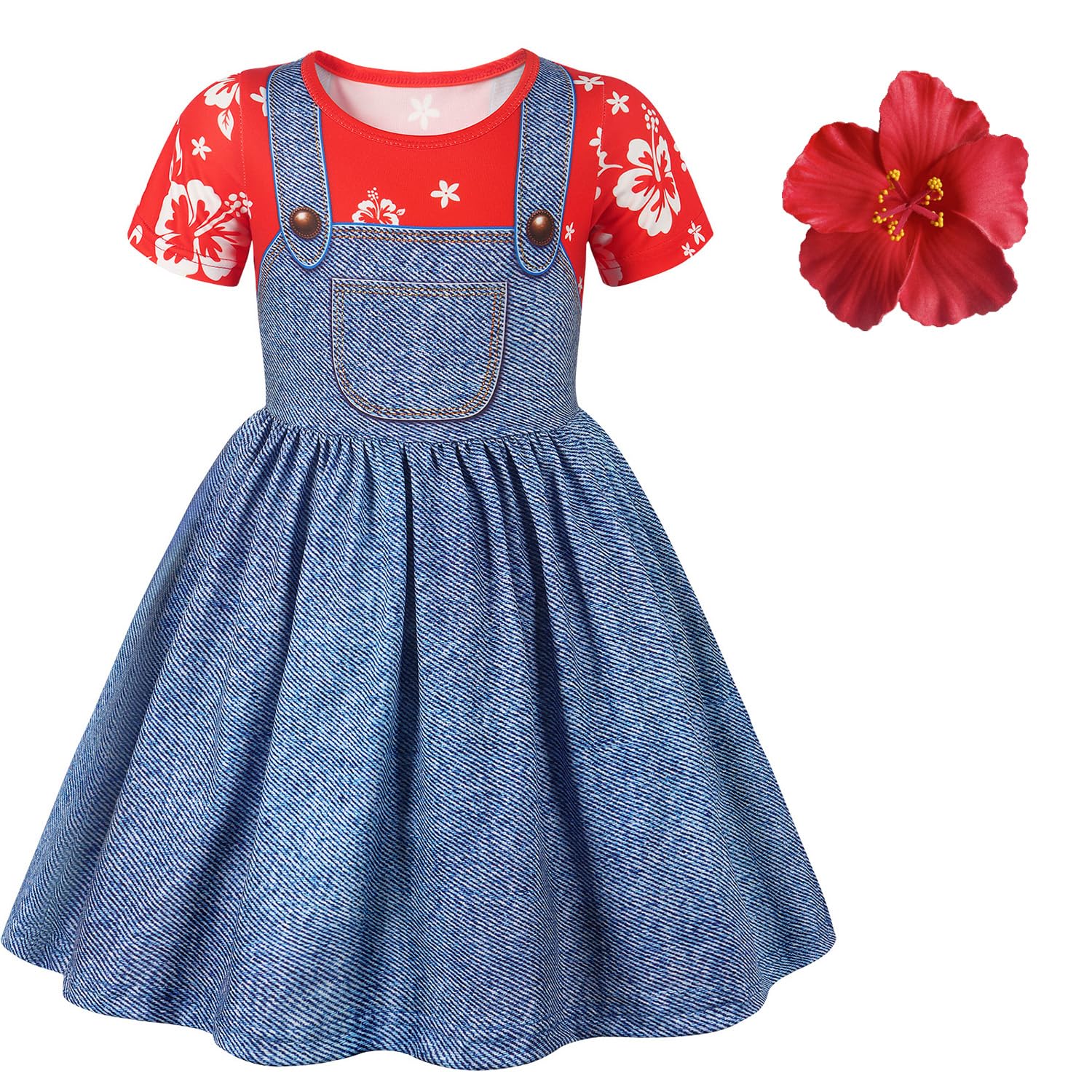 Jurebecia Hawaiian Fancy Dress Up Costume for Girls Summer Party Outfit Halloween Cosplay Costumes with Flower Hair Clip Blue 5-6 Years