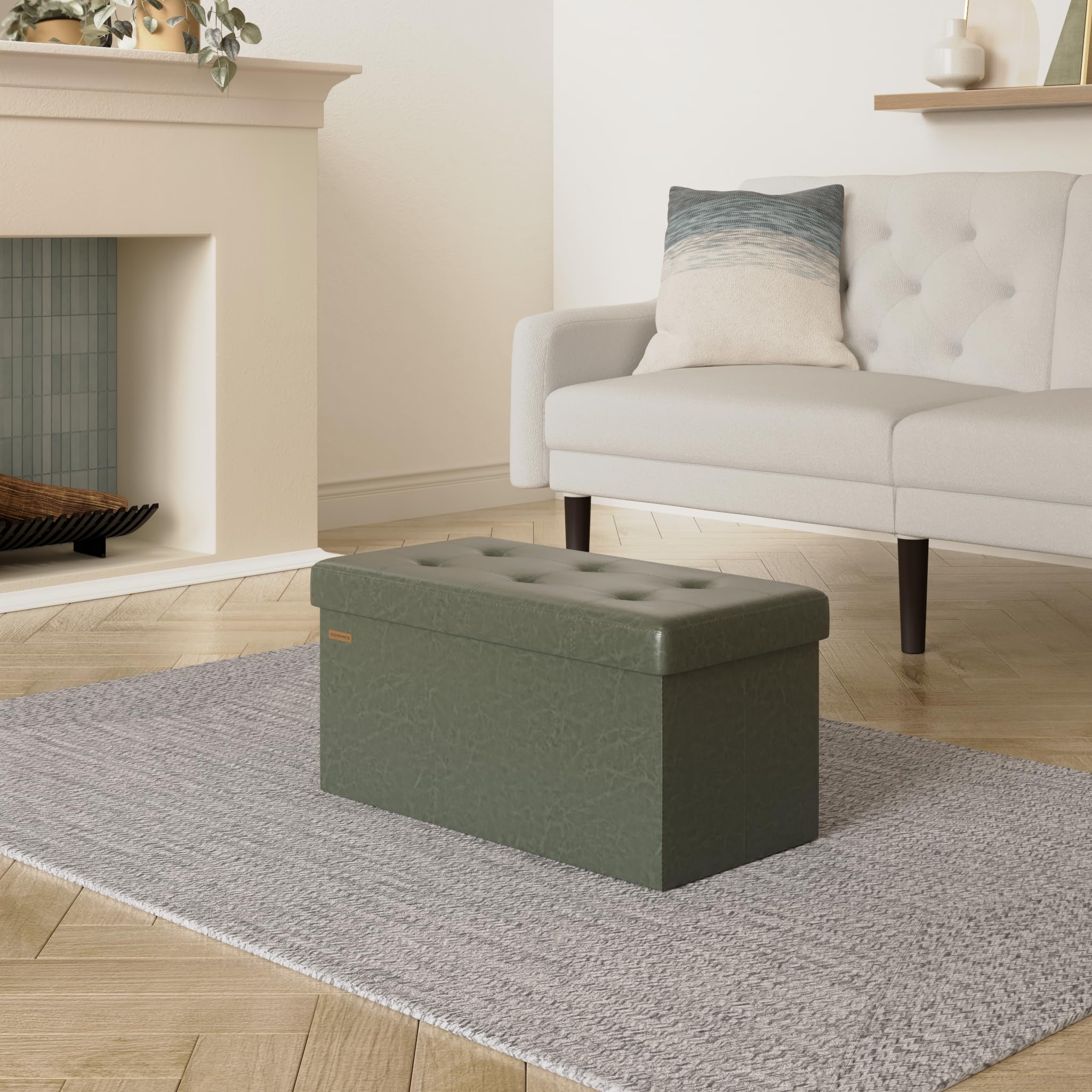 SONGMICS Cassapanca, Pouf Contenitore, Poggiapiedi Pieghevole da 38 x 76 x 38 cm, Ottomano, Regge fino a 300 kg, per Soggiorno, Camera da Letto, Entrata, Verde Foresta LSF040C01