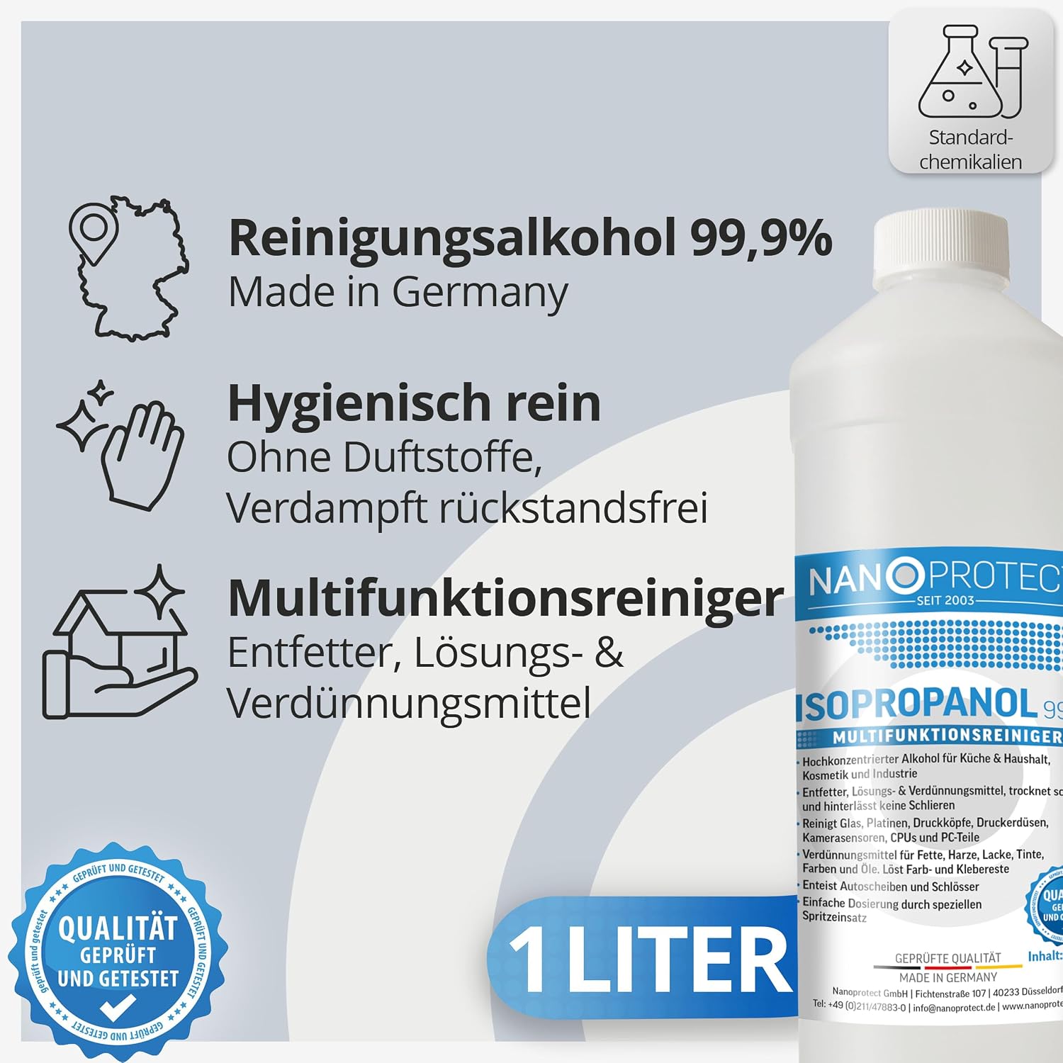 Nanoprotect Isopropanol 99,9 % | Nettoyant 1 litre | Alcool isopropylique à haute teneur | - Analyse des détails et conception
