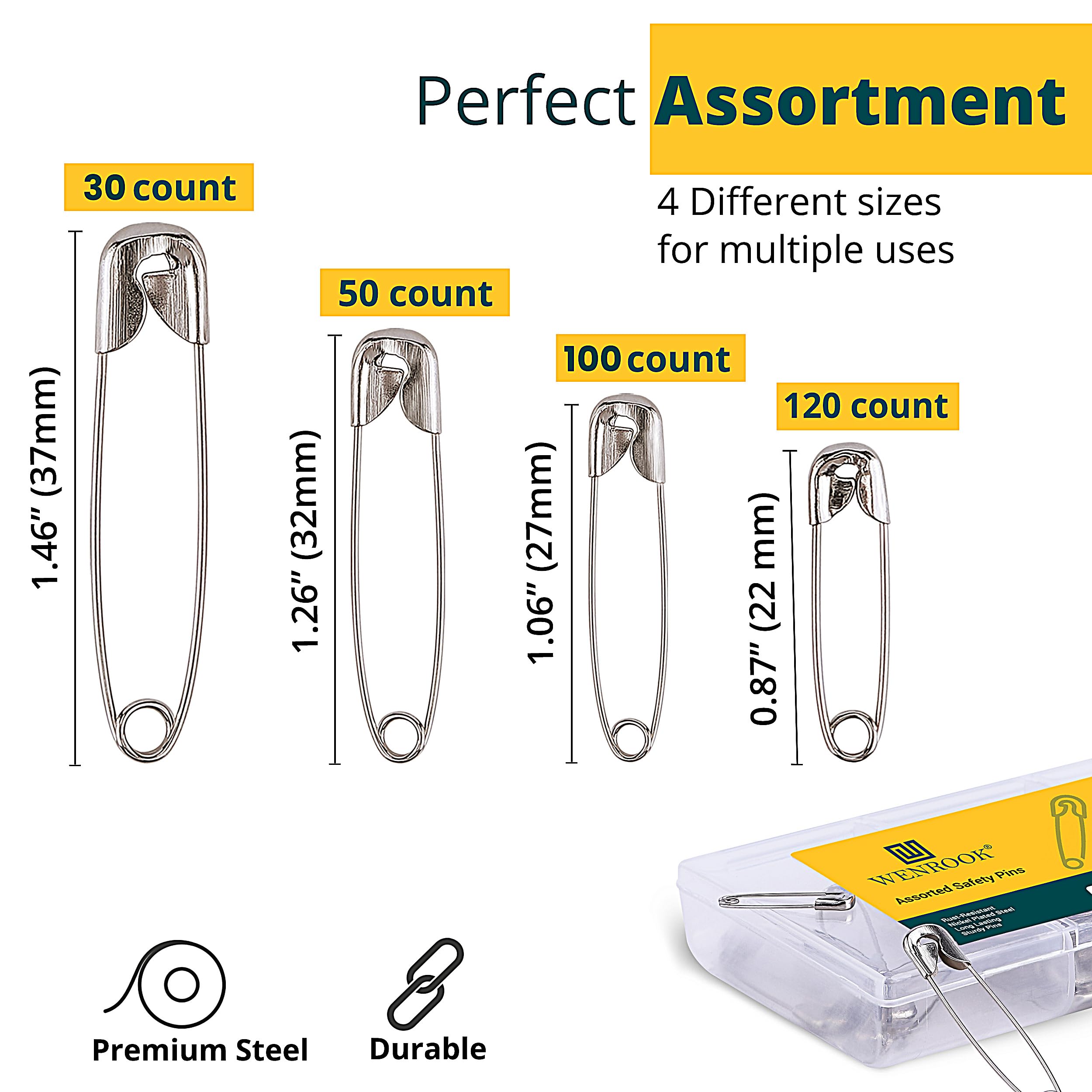 Wenrook Premium 4-Size Pack Of 150 Safety Pins - Nickel Plated Steel, Rust Resistant Assorted Safety Pins, Perfect For Crafts, Sewing, Pinning And More 1