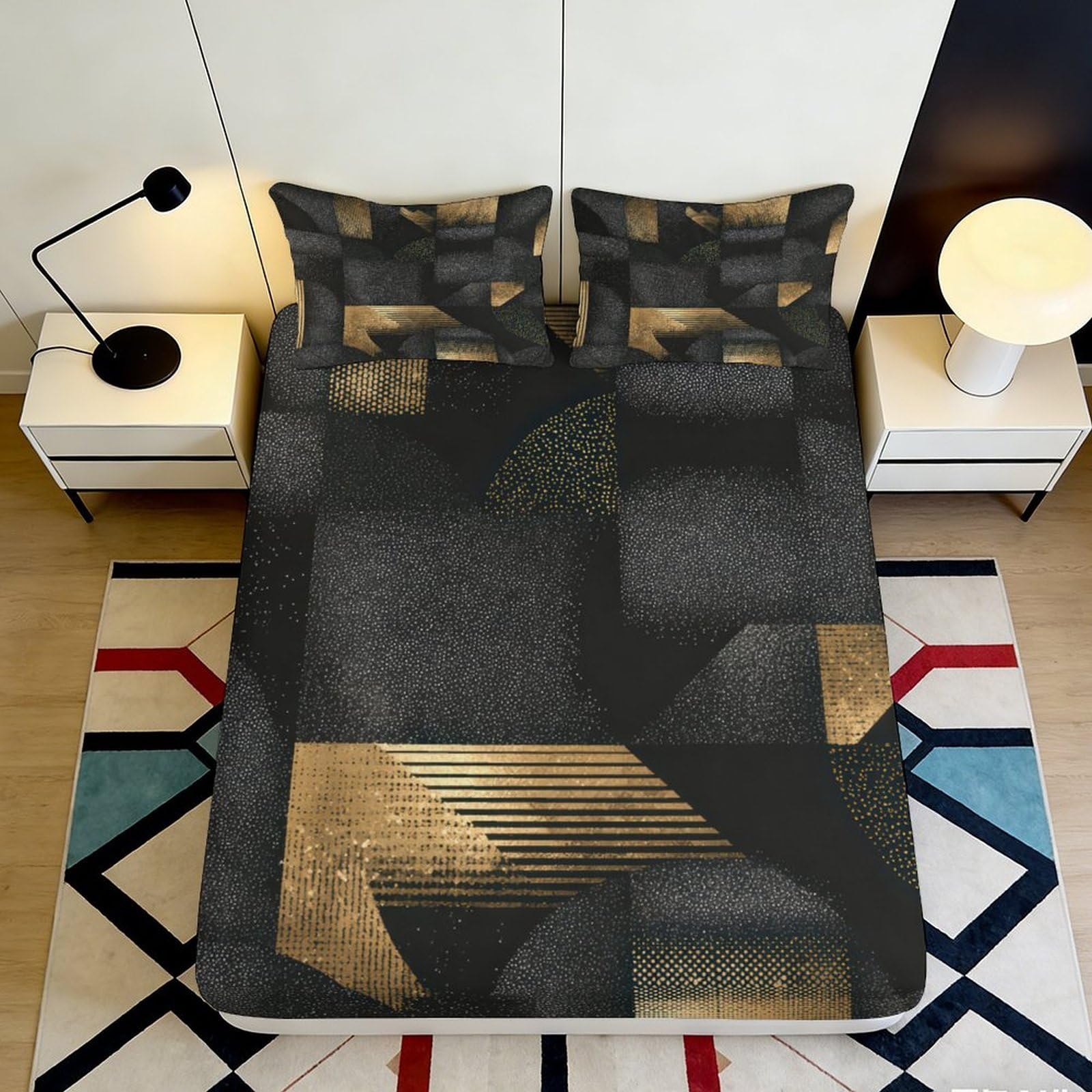 3D Printed Geometric Abstract Fitted Sheet Microfiber Soft Gold Black Bed Sheet for Bedroom Guest Room Decor 90x200x25cm
