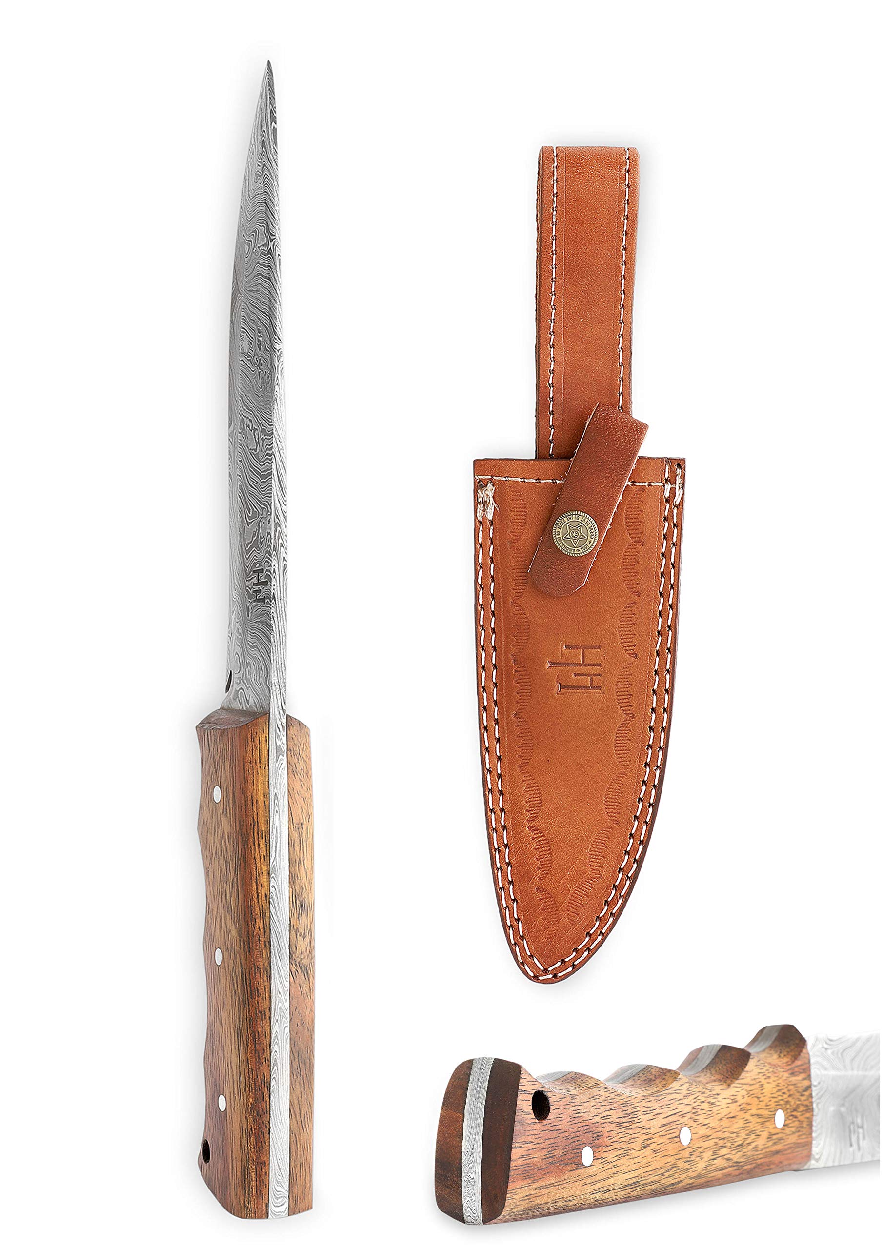 Hobby Hut HH-401, 11,5 Pollici Bushcraft Coltello in Acciaio Damasco | Coltello da Caccia, Manico in Legno di Noce | Fodero in Pelle | Lama affilata del Rasoio all'aperto