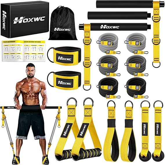 Pilates Equipment, Portable Pilates Bar Kit with Resistance Bands, Professional Adjustable Heavy Duty Squat Workout Equipment for Men, Home Gym Muscle Strength Training, Full Body Exercise