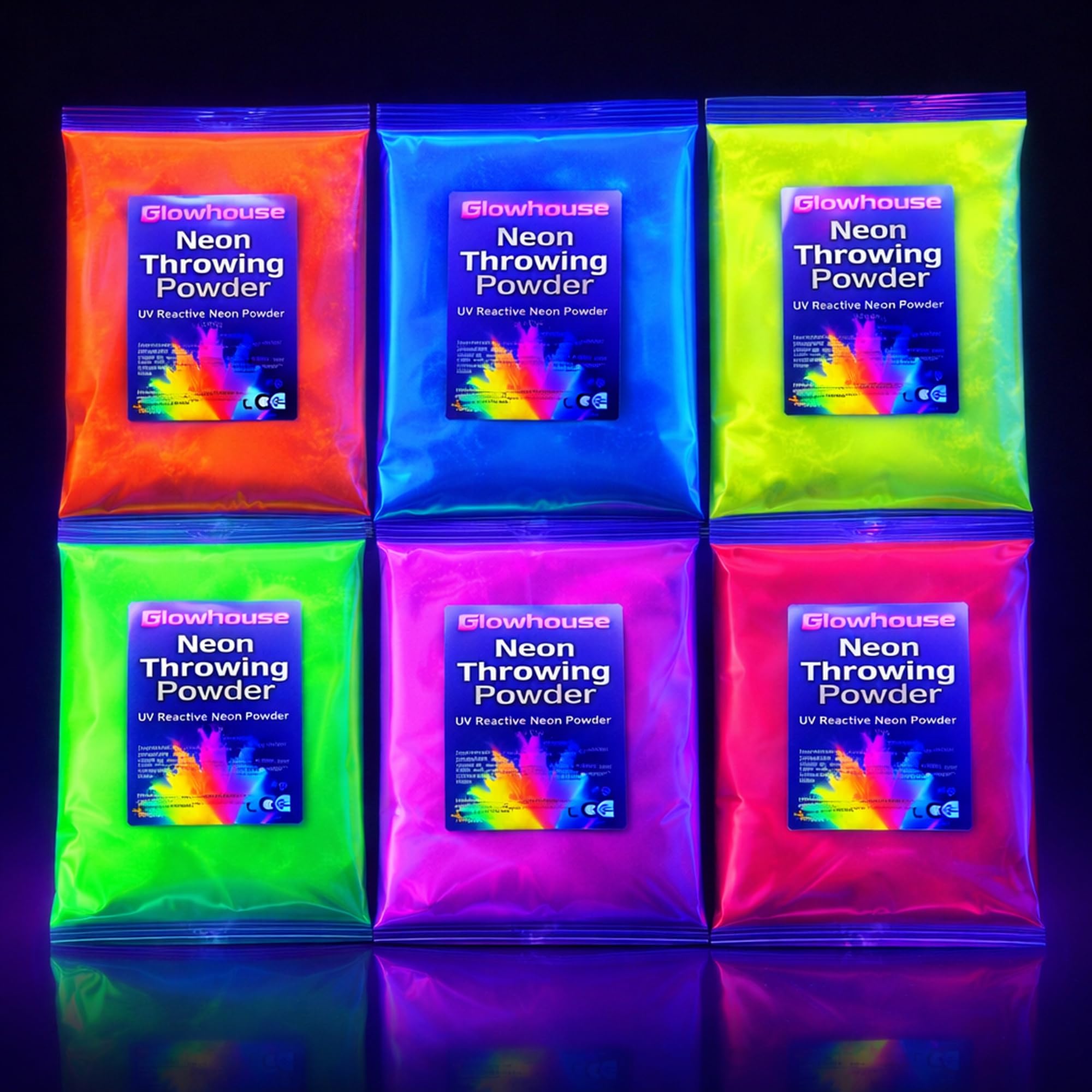 Neon Holi Polvere 100g Confezione 6 Pack UV Reactive Glow sotto la luce nera, Gulal polvere holi festival