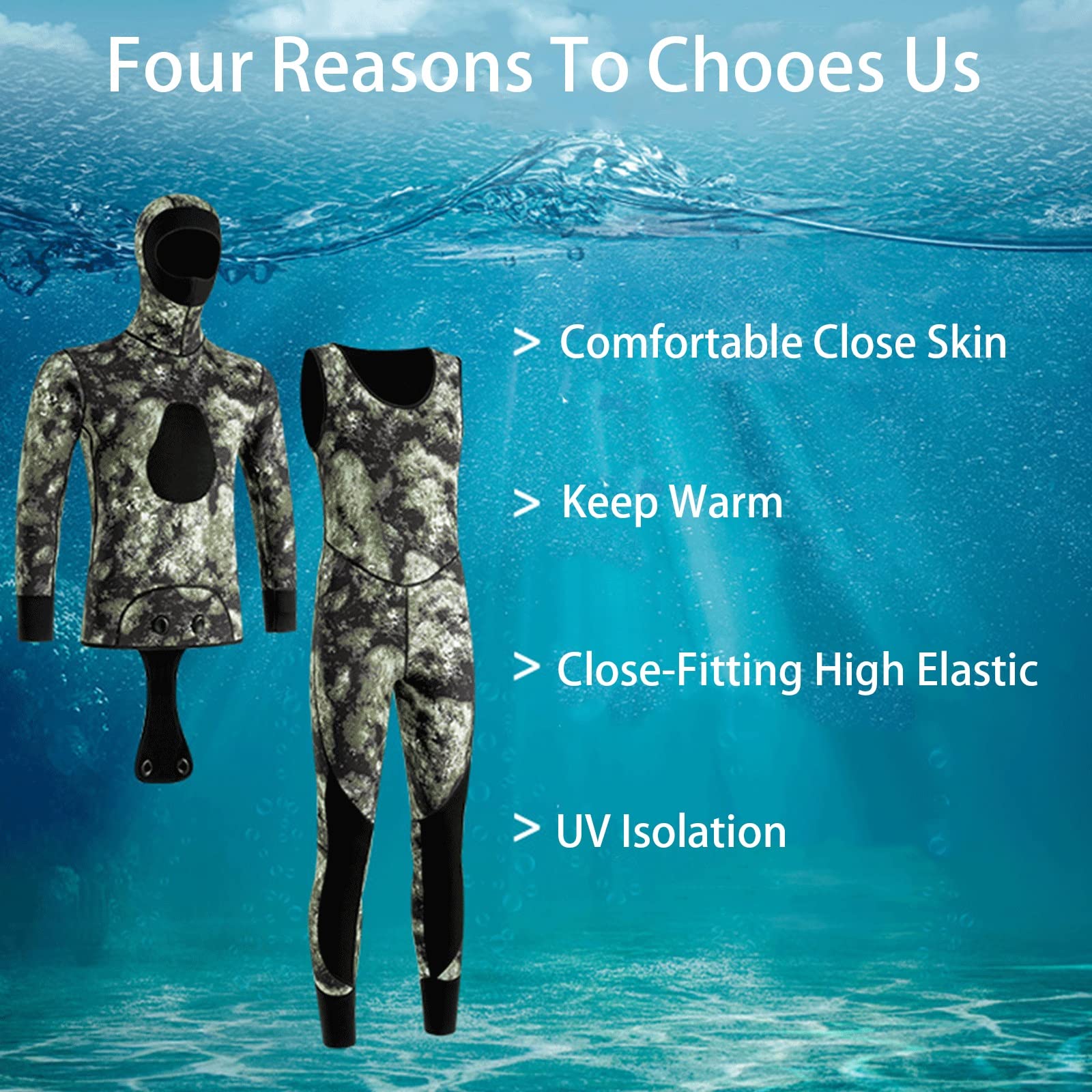 Speerfischen-Neoprenanzüge Für Herren 3/5MM Camouflage 2-teilige Neopren-Kapuze Langarm-Taucheranzug Halten Sie Warme Schnorchelanzüge Zum Surfen Schwimmen