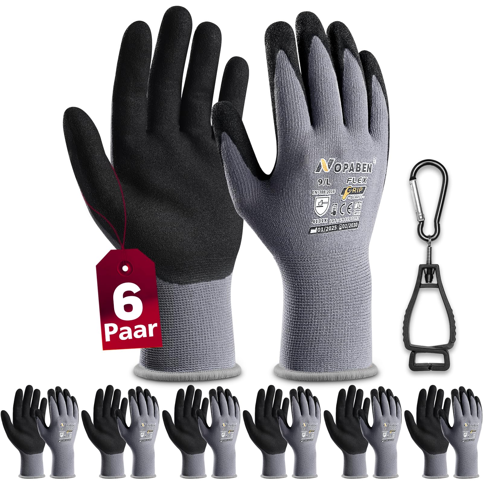 6 Paar Arbeitshandschuhe mit grip herren, mit Rutschfeste Nitril-Beschichtung Mechaniker Handschuhe, Montagehandschuhe mit optimaler Griffigkeit & feinem Tastgefühl, gartenhandschuhe damen, Größe 9/L