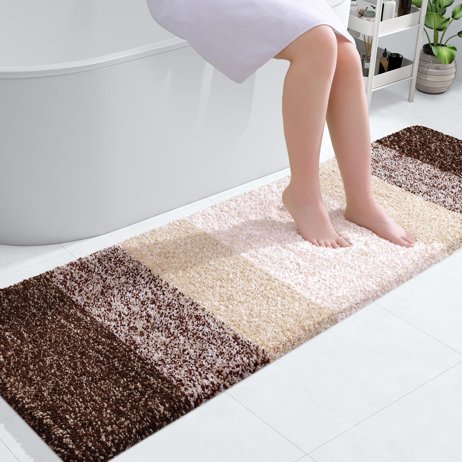 OLANLY Bathroom Runner Rug 59x17, Extra Soft Absorbent Microfiber Bath Rugs | Brown, Non-Slip Quick-Drying Rubber Backing, Machine Washable Long Bath Mat for Floor, Tub and Shower, Home Decor Accessories