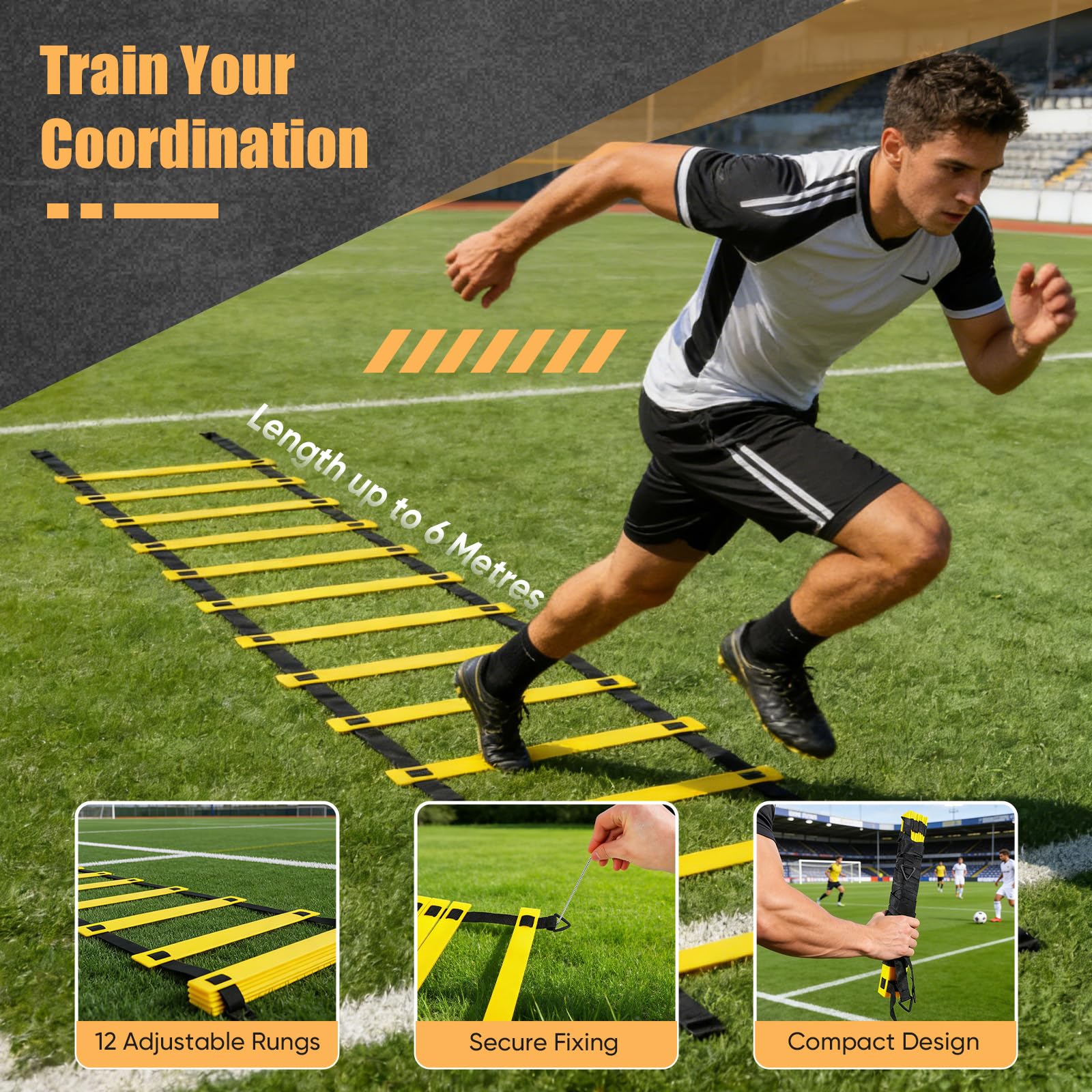 Kit Allenamento Calcio Completo, Scala Agilità 6m (12 Gradini), 10 Coni Allenamento, Tappeto Calcio, Paracadute Resistenza, Bande Elastiche e Picchetti, Accessori Calcio Bambino