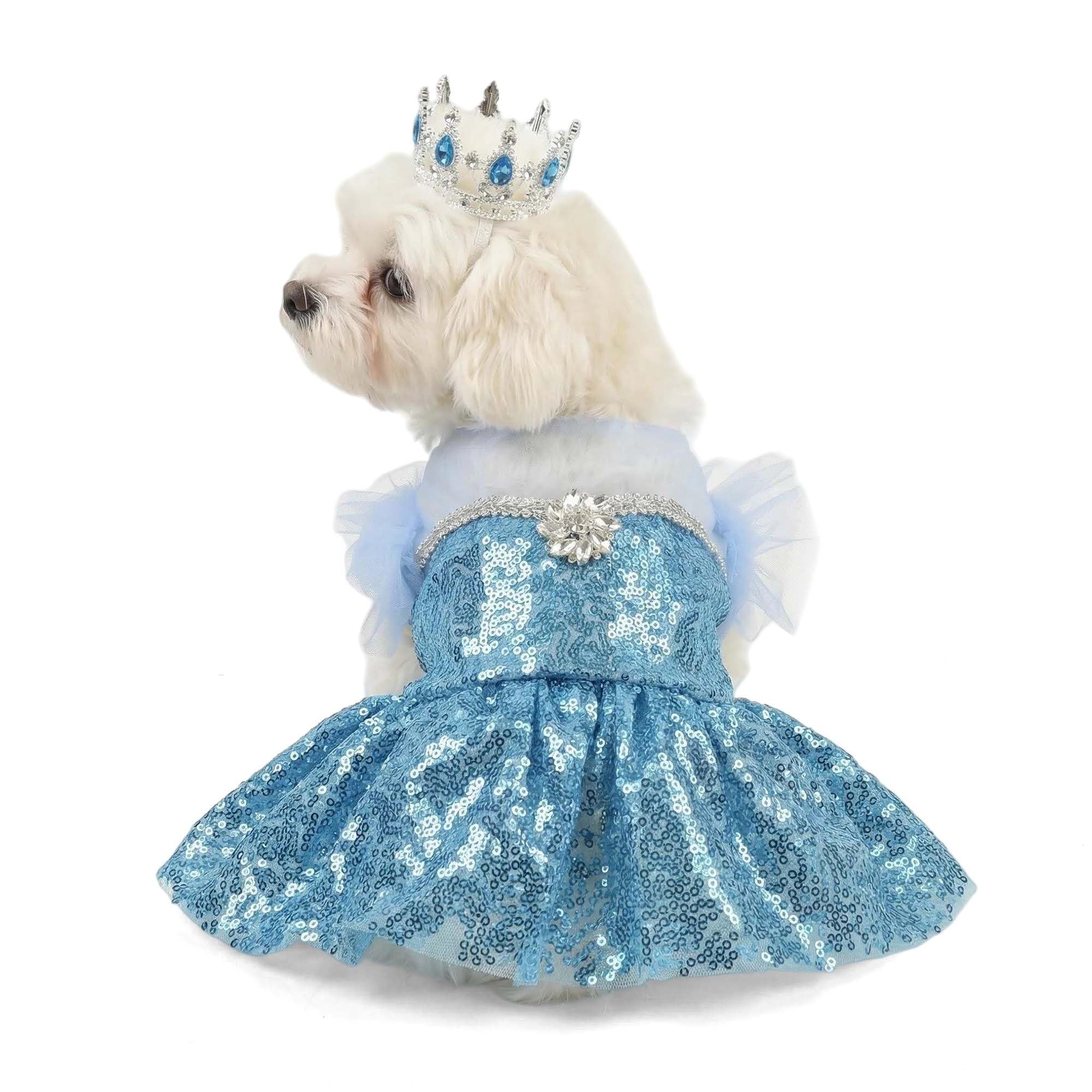 Littledropet Dog Snow Queen Princess Costume with Crown,Luxury Sequin Pet Birthday Party Princess Halloween Dress Up Cosplay Outfits for Small Medium Dogs Girls (Blue, M(Chest 16.1"|5-7Lbs))