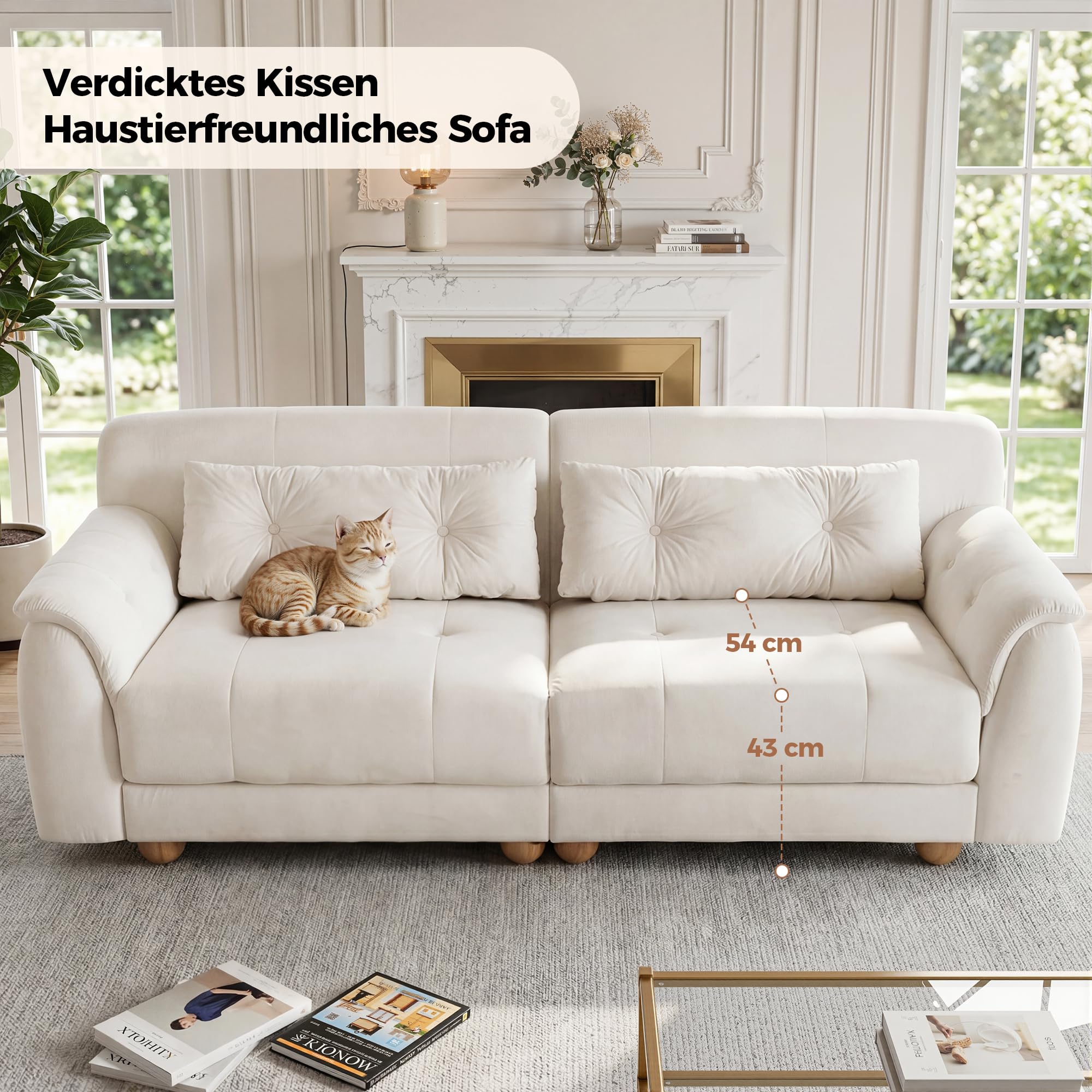 BonVache 2 Sitzer Sofa mit Knopfheftung, 3 Sitzer Samtsofa mit 2 Rückenkissen und kugelförmigen Massivholzbeinen, Bequemes Couch mit 54 cm Sitztiefe, Couch für Wohnzimmer, Weiß