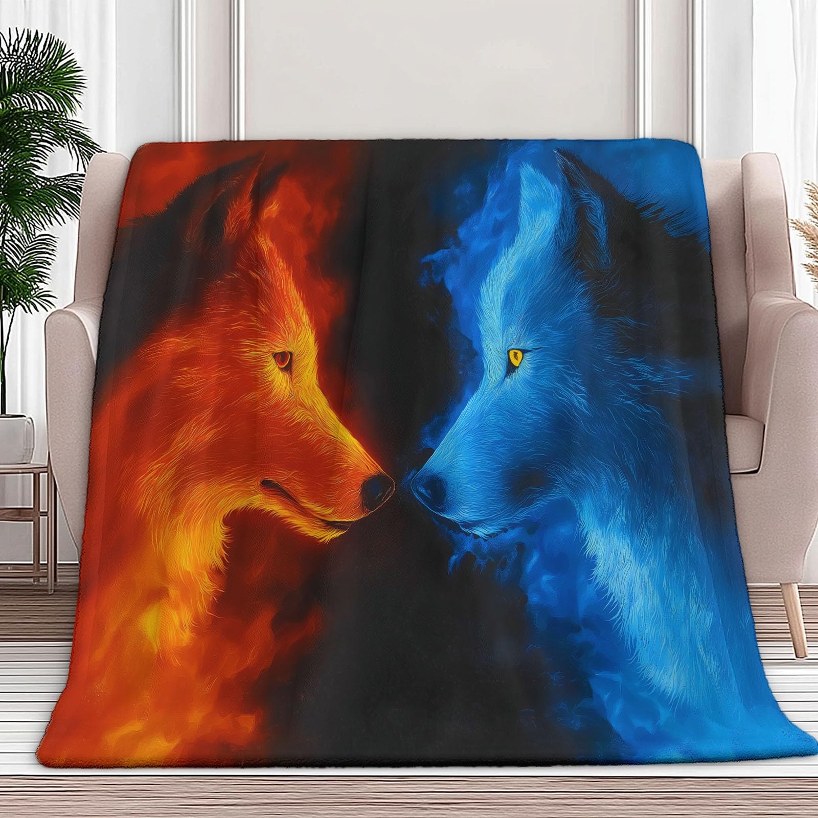 Générique Koc dla dorosłych i dzieci 200 x 200 cm, miękki koc flanelowy z nadrukiem fantastyczny lodowy wilk ogień - narzuta na sofę nadaje się do utrzymania ciepła zimą