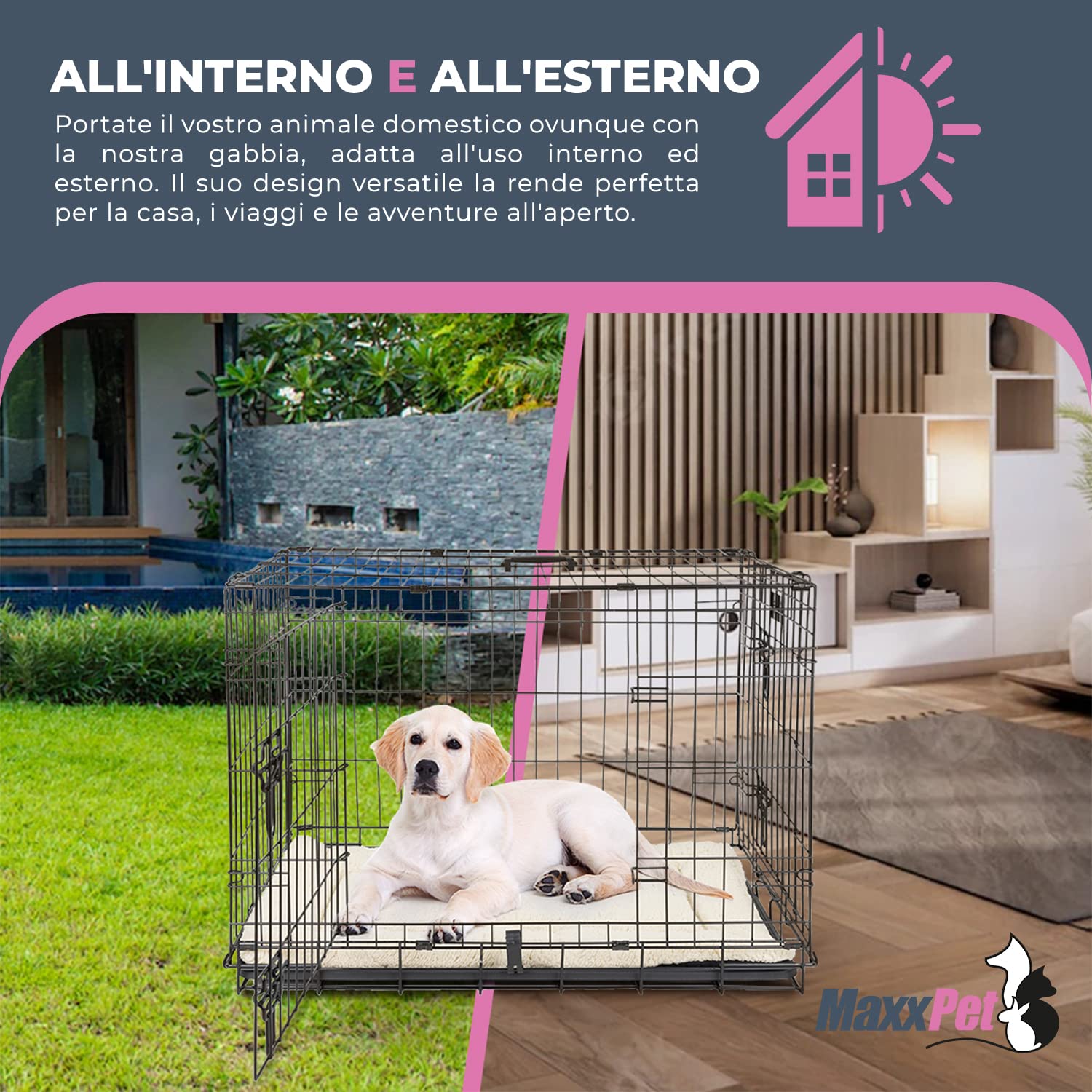 MaxxPet Gabbia Per Cane - Gabbia Cani - Con 2 Porte d’Ingresso - Pieghevole e Trasportabile - Kennel Cane Grande - 76x48x53 cm - Nero