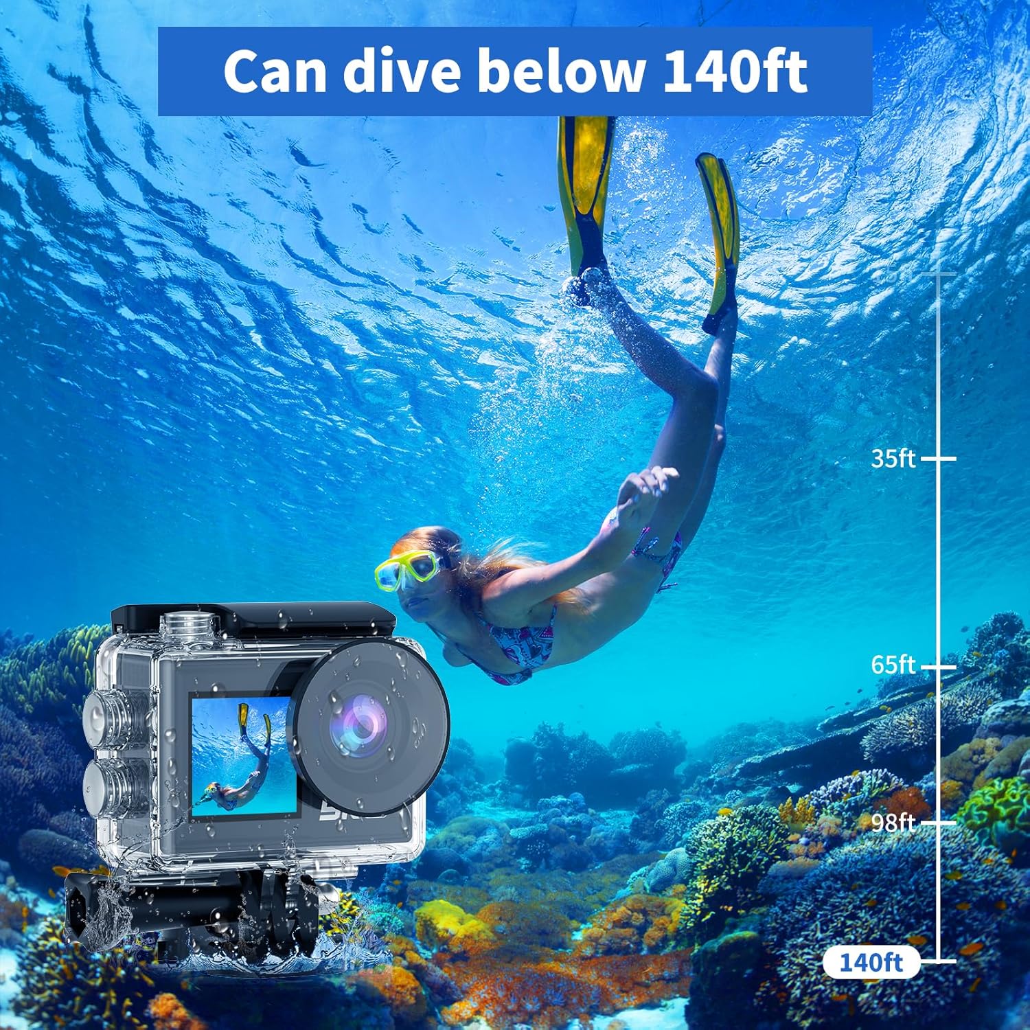 Ourlife 5K Action Camera inside its waterproof case, submerged underwater with a person diving nearby, indicating it can dive below 140ft.